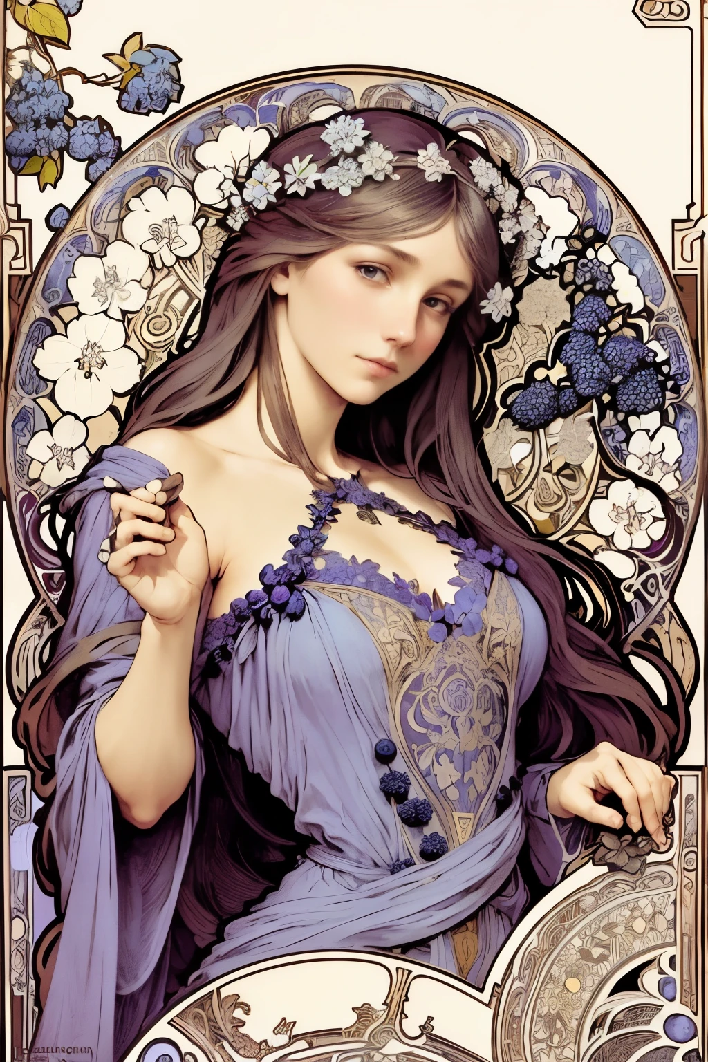 ((Less skin exposed;1.2))、((look outside the camera))、botanical relief、Incorporating climbing plants such as clematis and blueberry fruits、((Design that incorporates blueberries from plants:1.5))、detailed flower decoration、Portrait of European woman face , Long Mucha style flowing hair, blonde, flower frame, decorative panel, abstract artistic, By Alphonse Mucha, (masterpiece, highest quality, High resolution:1.4), be familiar with, intricate details, 4k, splash of color, line drawing,   fibonacci, Paintings in the style of Alphonse Mucha、Overall blue-purple color