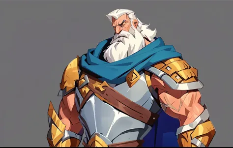 concept art, european cartoon, game character design, 1boy, solo, beard, mature male, male focus, facial hair, armor, muscular male, full body, white hair, short hair, muscular, old, old man, cape, shoulder armor, cuirass, fully armed, standing, wrinkled s...