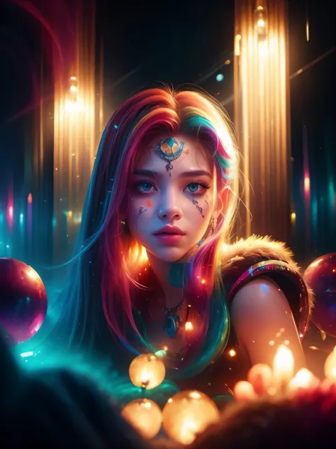 hyperrealistic portrait of a 18 year old girl with intense gaze, intricate facial tattoos, colorful hair, and vibrant lighting. ...