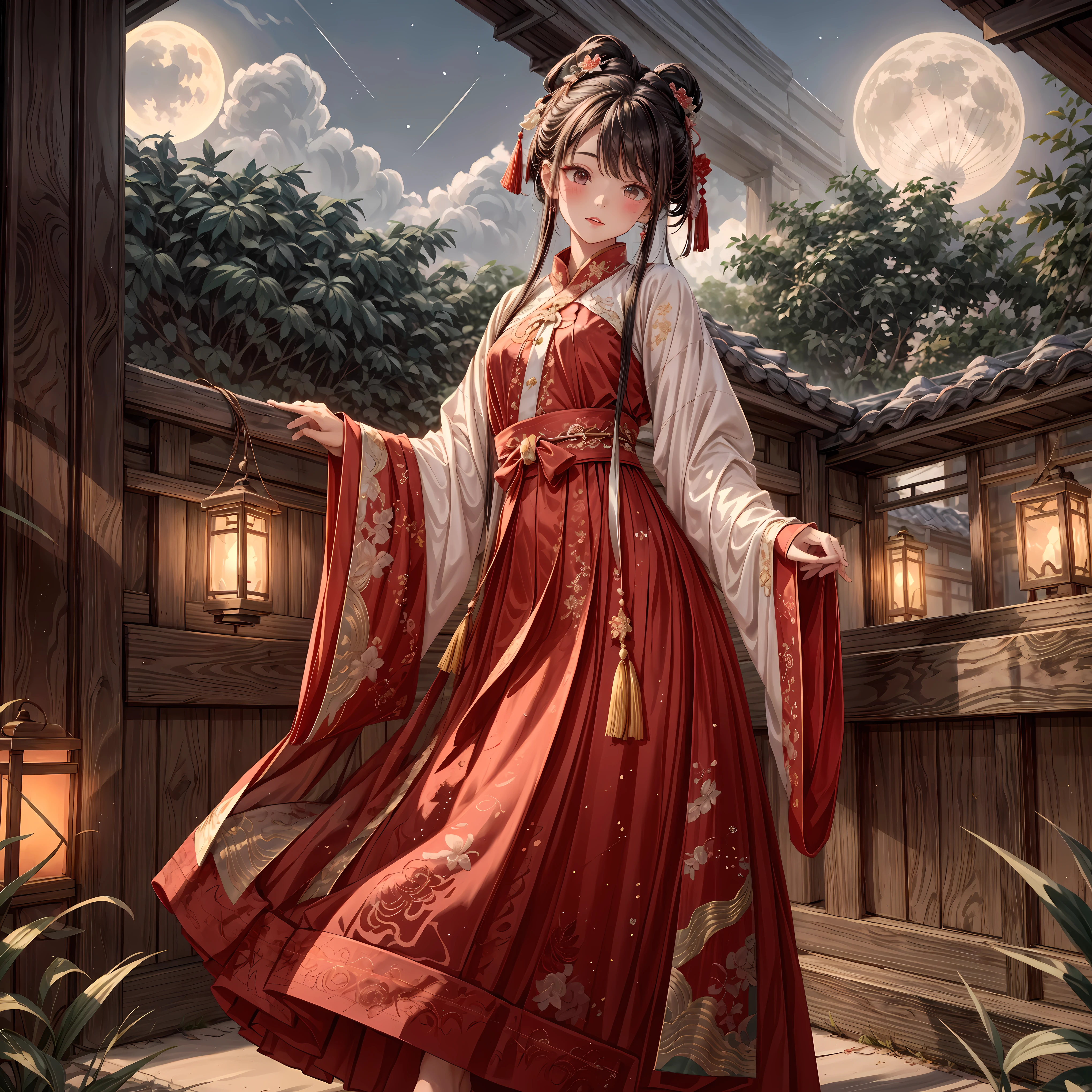 (Ridiculous, super detailed), (1 girl: 1.3), (alone, Hand Painted, Simple lines, 16-year-old girl wears red Hanfu, lying in bed barefoot, indoors, moonlight, night, red nose, leave, high resolution, masterpiece), in the moonlight bedroom, There is a 16 year old girl wearing (Big red Hanfu with red brocade weft brocade large-sleeved shirt, Embroidered mandarin duck、pomegranate pattern, Fastened to the chest with a collar button inlaid with red gemstones and quartz), Wearing a skirt embroidered with hundreds of blessings, The long skirt reaches three feet to the ground, Edges rolled into filament trim, Studded with colorful beads, Pythons make a rustling sound when paddling, Flowing red dress and red tulle veil, The soft moonlight outside the window reflects the room, Dim lighting creates a peaceful atmosphere, Her face is painted with blush powder, Add a touch of innocence and charm. Her clothing is beautifully Hand Painted, Showcasing traditional clothing with intricate details. Simple and elegant lines capture the essence of Hanfu style. that girl (barefoot) Exudes a feeling of comfort and relaxation. This artwork was created with incredible resolution and attention to detail, Make every stroke and every fine line clearly visible. The work is a masterpiece that embodies the creator's skills and artistry. This point of view is from a girl’s perspective; Her point of view is to immerse the audience in her world. This prompt is intended to generate (Super detailed, high resolution images) In a traditional Chinese style setting, capturing the beauty and tranquility of a moonlit night.