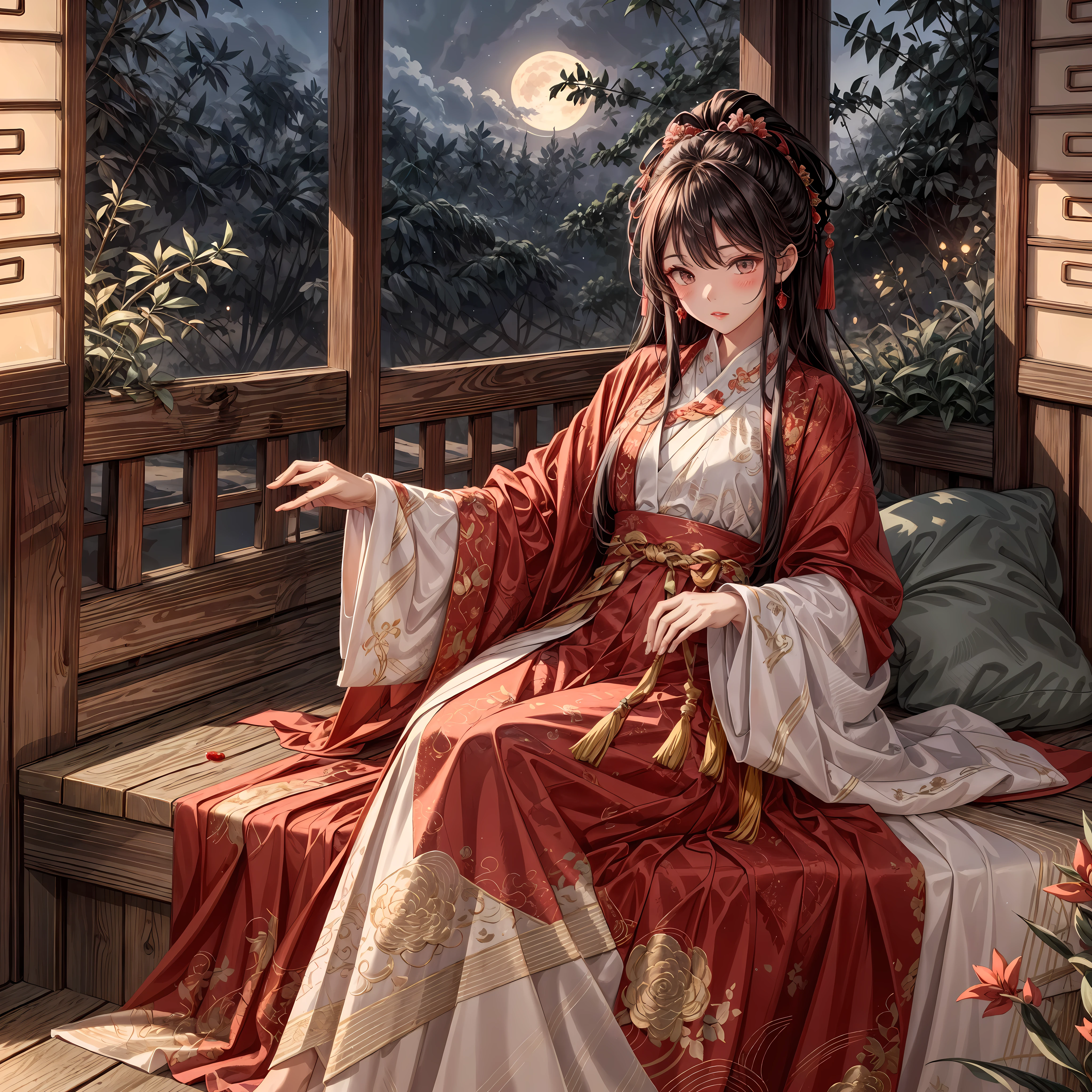 (Ridiculous, super detailed), (1 girl: 1.3), (alone, Hand Painted, Simple lines, 16-year-old girl wears red Hanfu, lying in bed barefoot, indoors, moonlight, night, red nose, leave, high resolution, masterpiece), in the moonlight bedroom, There is a 16 year old girl wearing (Big red Hanfu with red brocade weft brocade large-sleeved shirt, Embroidered mandarin duck、pomegranate pattern, Fastened to the chest with a collar button inlaid with red gemstones and quartz), Wearing a skirt embroidered with hundreds of blessings, The long skirt reaches three feet to the ground, Edges rolled into filament trim, Studded with colorful beads, Pythons make a rustling sound when paddling, Flowing red dress and red tulle veil, The soft moonlight outside the window reflects the room, Dim lighting creates a peaceful atmosphere, Her face is painted with blush powder, Add a touch of innocence and charm. Her clothing is beautifully Hand Painted, Showcasing traditional clothing with intricate details. Simple and elegant lines capture the essence of Hanfu style. that girl (barefoot) Exudes a feeling of comfort and relaxation. This artwork was created with incredible resolution and attention to detail, Make every stroke and every fine line clearly visible. The work is a masterpiece that embodies the creator's skills and artistry. This point of view is from a girl’s perspective; Her point of view is to immerse the audience in her world. This prompt is intended to generate (Super detailed, high resolution images) In a traditional Chinese style setting, capturing the beauty and tranquility of a moonlit night.