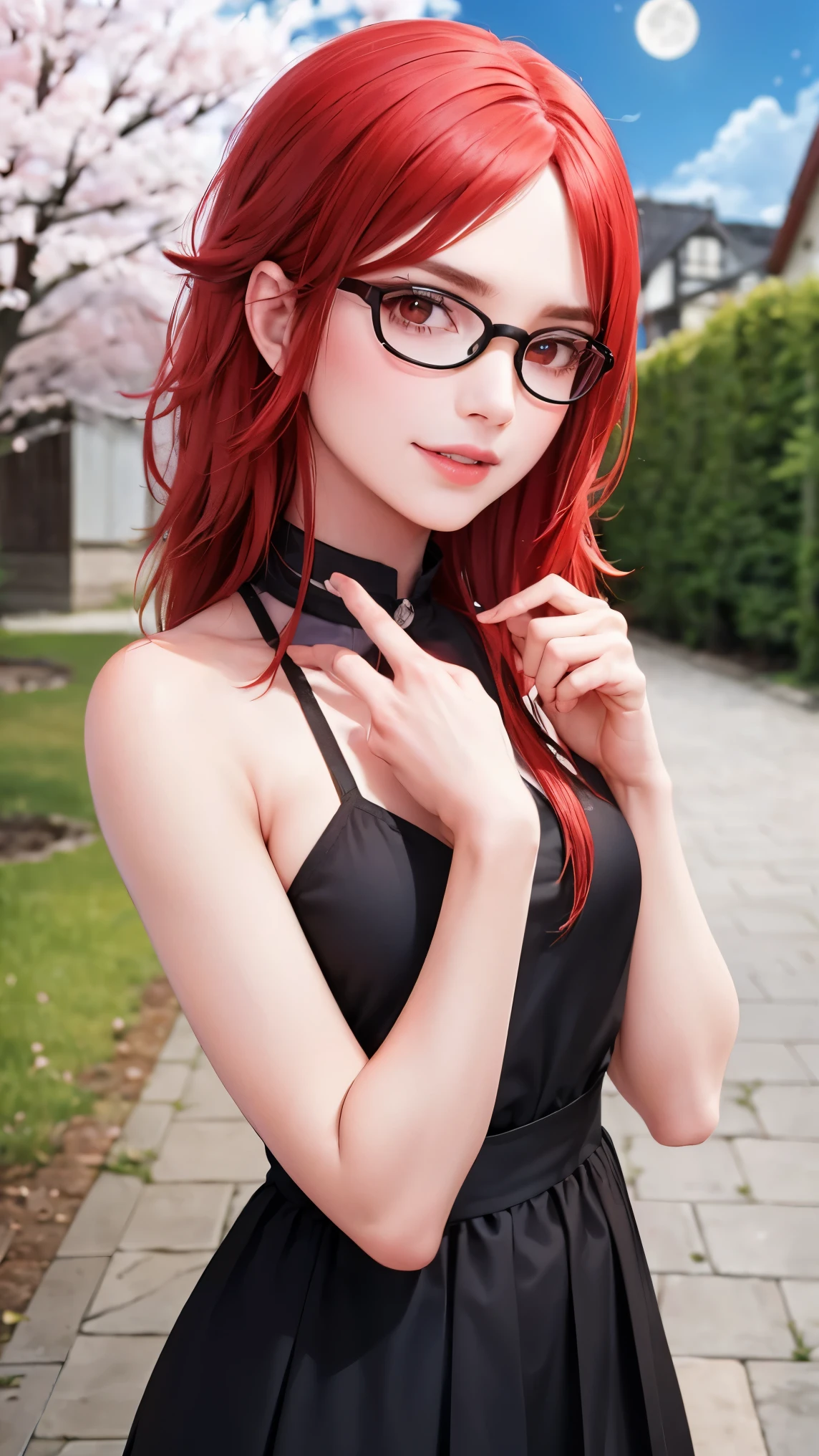 (​masterpiece, Better quality: 1.2), Cowboy-shot, alone, 1girl, karin uzumaki, long red hair, beautiful red eyes, glasses, Smile, I&#39;m looking at the shipping, Arms explain a topic, Symbol of Astrology, Hair tubes, In sleeveless, bare shoulders, astrologer, night, moon shine, cherry blossom, romantic 