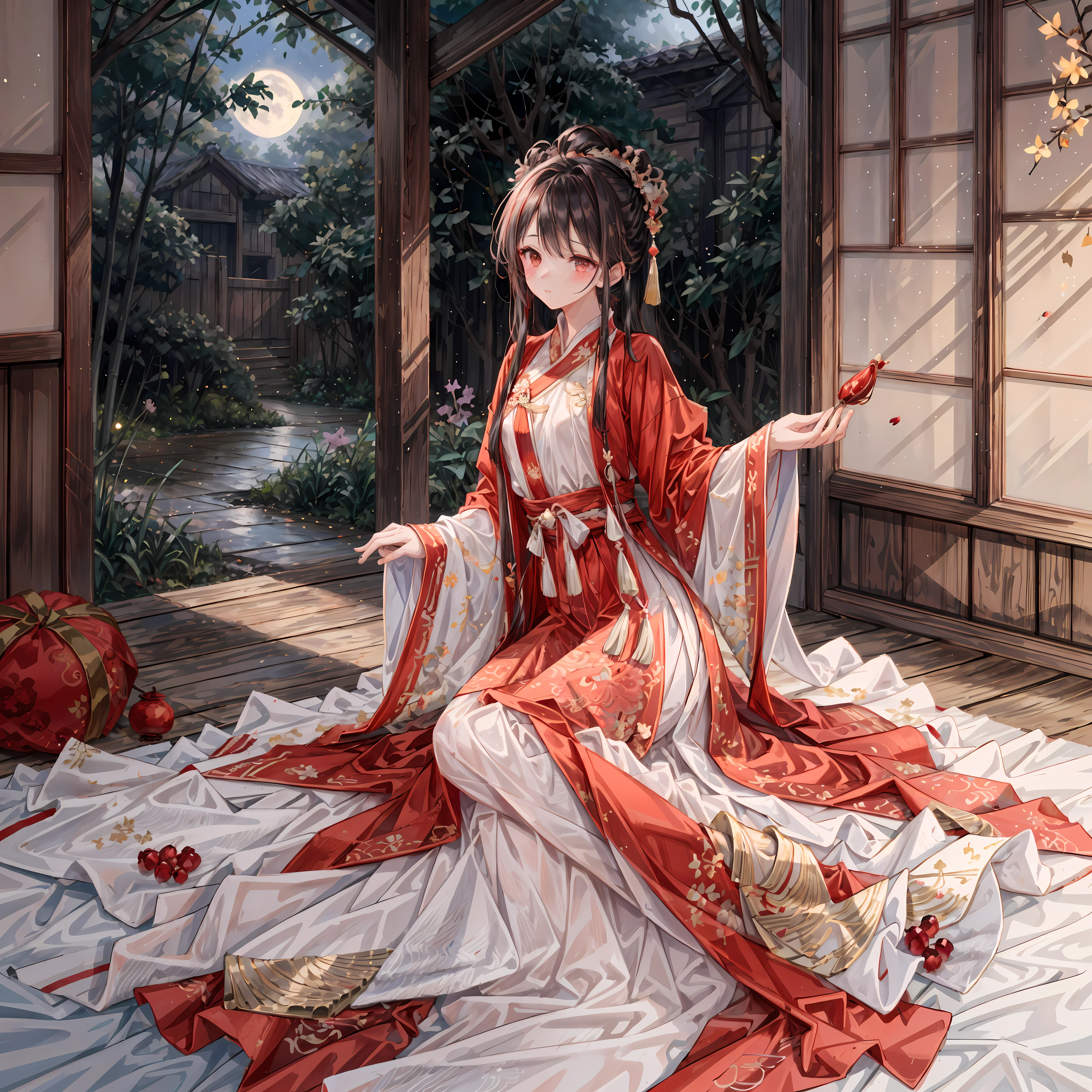 (Ridiculous, super detailed), (1 girl: 1.3), (alone, Hand Painted, Simple lines, 16-year-old girl wears red Hanfu, lying in bed barefoot, indoors, moonlight, night, red nose, leave, high resolution, masterpiece), in the moonlight bedroom, There is a 16 year old girl wearing (Big red Hanfu with red brocade weft brocade large-sleeved shirt, Embroidered mandarin duck、pomegranate pattern, Fastened to the chest with a collar button inlaid with red gemstones and quartz), Wearing a skirt embroidered with hundreds of blessings, The long skirt reaches three feet to the ground, Edges rolled into filament trim, Studded with colorful beads, Pythons make a rustling sound when paddling, Flowing red dress and red tulle veil, The soft moonlight outside the window reflects the room, Dim lighting creates a peaceful atmosphere, Her face is painted with blush powder, Add a touch of innocence and charm. Her clothing is beautifully Hand Painted, Showcasing traditional clothing with intricate details. Simple and elegant lines capture the essence of Hanfu style. that girl (barefoot) Exudes a feeling of comfort and relaxation. This artwork was created with incredible resolution and attention to detail, Make every stroke and every fine line clearly visible. The work is a masterpiece that embodies the creator's skills and artistry. This point of view is from a girl’s perspective; Her point of view is to immerse the audience in her world. This prompt is intended to generate (Super detailed, high resolution images) In a traditional Chinese style setting, capturing the beauty and tranquility of a moonlit night.