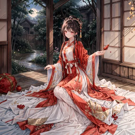 (ridiculous, super detailed), (1 girl: 1.3), (alone, hand painted, simple lines, 16-year-old girl wears red hanfu, lying in bed ...