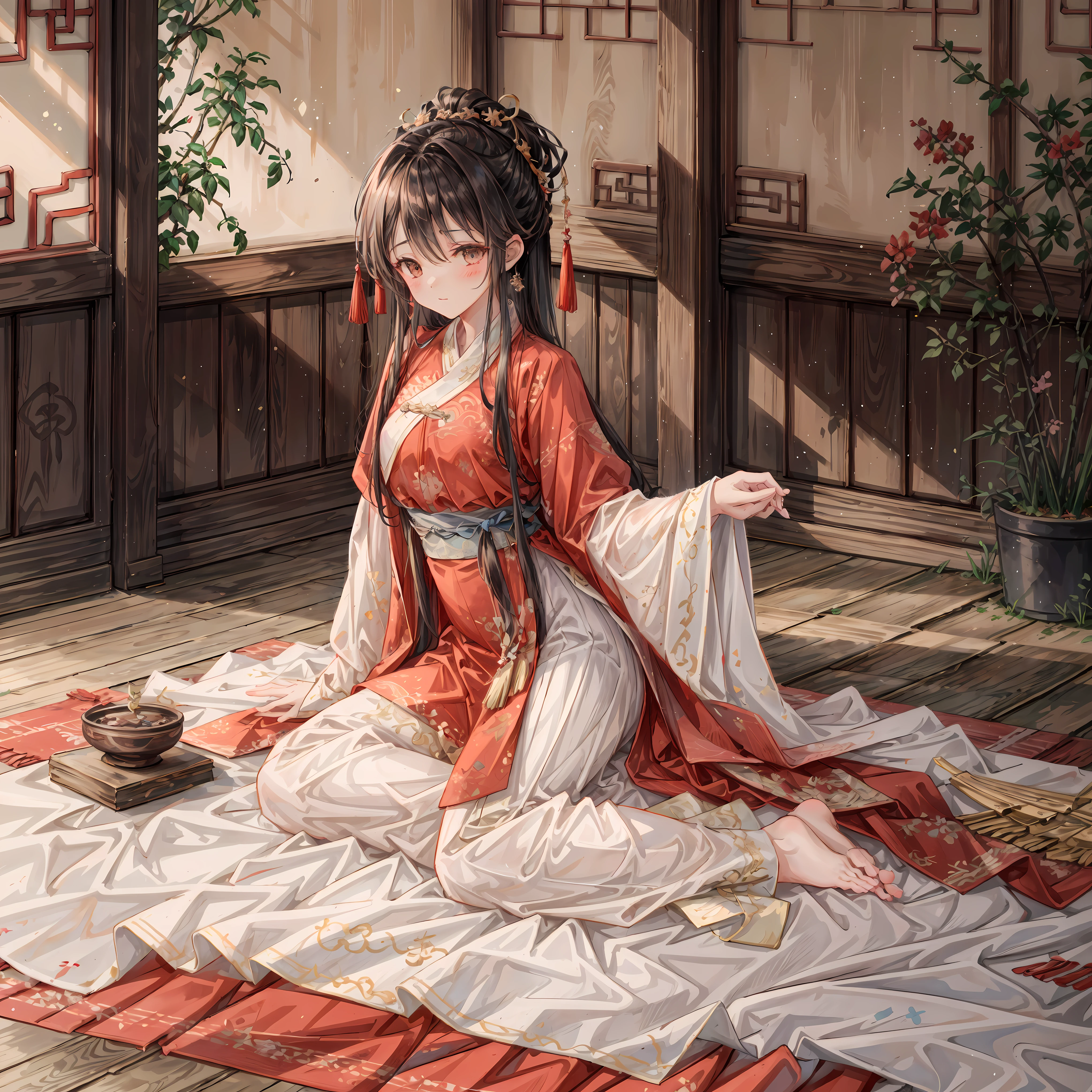 (Ridiculous,super detailed),(1 名girl:1.3),(alone, Hand Painted,Simple lines,16-year-old girl wearing red Hanfu,on the bed,barefoot,indoor,moonlight,night,nose blushing,leave,high resolution,masterpiece),There is a 16 year old girl in the bedroom under the moonlight，wear (Vibrant red Chinese Hanfu), 躺on the bed. The soft moonlight outside the window reflects the room，dim lights, Create a peaceful atmosphere. girl&#39;Decorate the nose of S face with blush, Add a touch of innocence and charm. Her attire is beautifully Hand Painted, show (intricate details) of traditional clothing. Simple yet elegant lines, Capturing the essence of Hanfu style. girl is (barefoot), Exudes a feeling of comfort and relaxation. This artwork was created at a ridiculously high resolution，And attention to detail, Make every stroke and fine line clearly visible. The composition is a masterpiece, Reflects the skill and artistry of the creator. 视角是从girl的角度&#39;the opinion of, Let the audience immerse themselves in her world. This prompt is intended to generate a (super detailed, high resolution图像) Capture the beauty and serenity of a moonlit night in a traditional Chinese style setting.