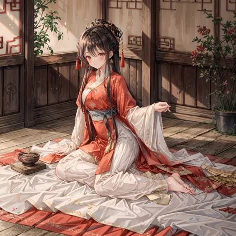 (ridiculous,super detailed),(1 名girl:1.3),(alone, hand painted,simple lines,16-year-old girl wearing red hanfu,on the bed,barefo...