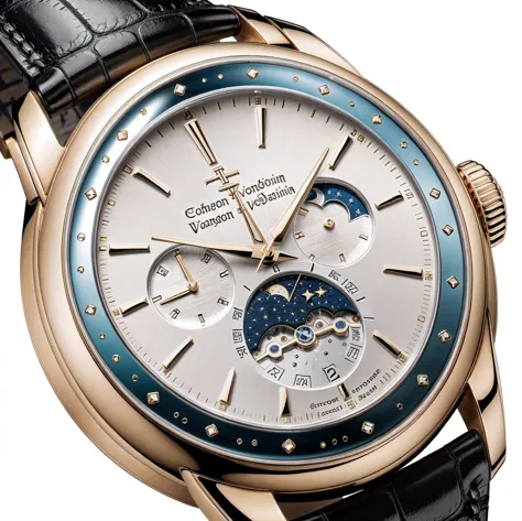 Close-up of a leather watch(stingray) strap, mechanical clock, antique clock(Like Vacheron Constantin), Silver, gem, Moon phase, ultramarine , Very beautiful and elegant, beautiful glitters