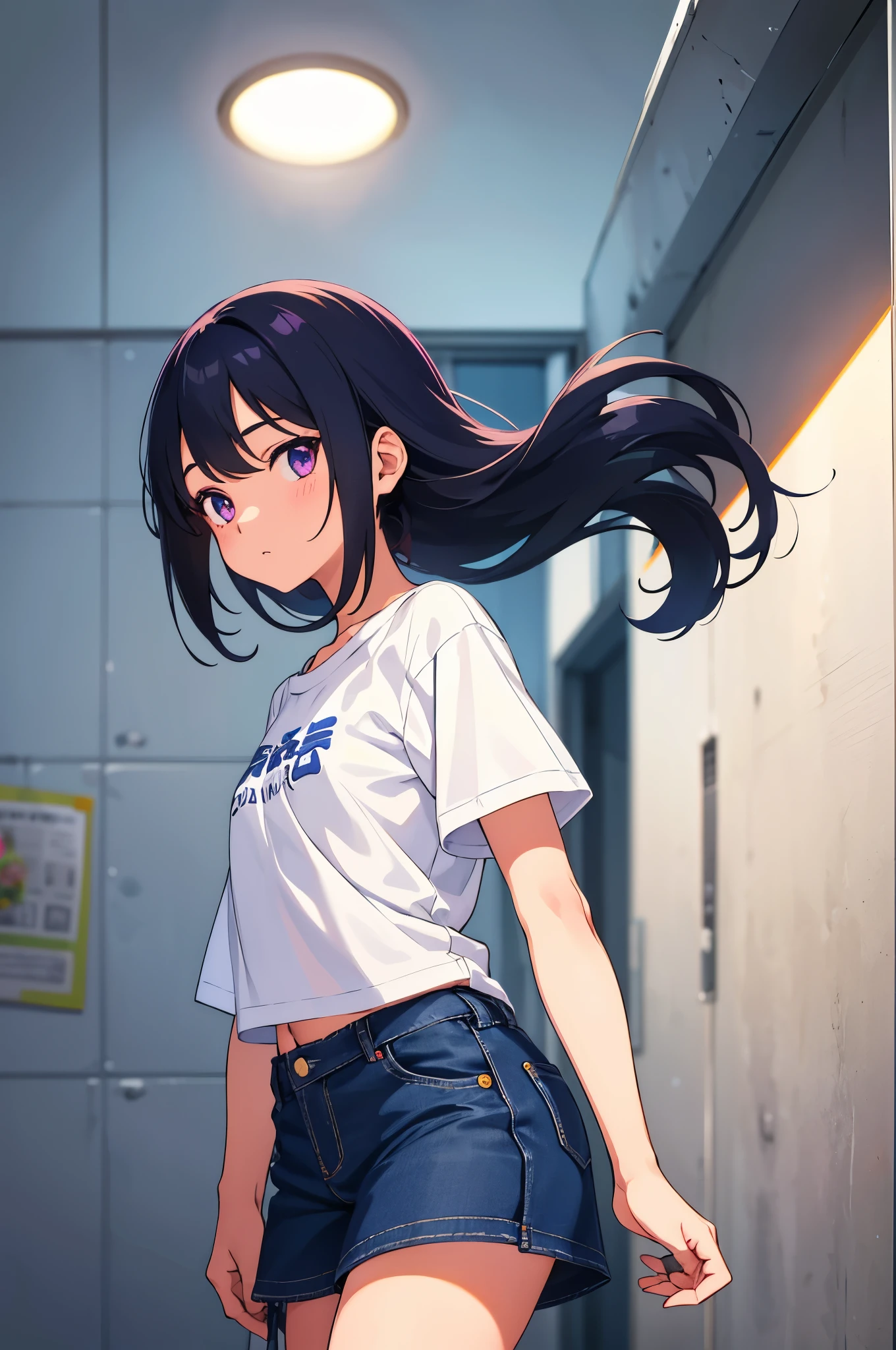 girl&#39;s room　elementary school girl　8-year-old　flat chest　black hair　long hair　eyes are purple　（（1 person））　Upper body white short sleeve T-shirt　Lower body navy blue denim miniskirt　white panties　white socks　Standing against the wall of the room　spread your legs a little（（I can see white panties））　from the front　dynamic angle　Low - Angle