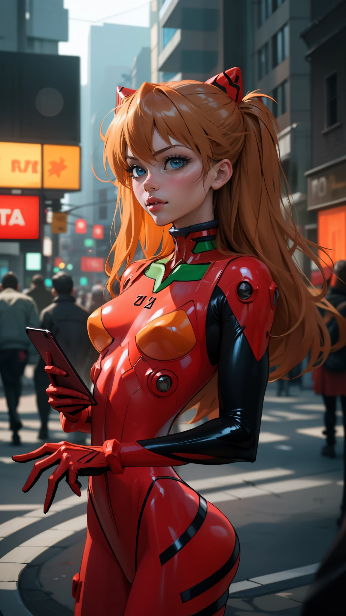 Asuka langley evangelion, a stunning woman, confidently using her phone on a vibrant city street in trendy attire, realistic, super detail, ((masterpiece)), (cinematic lighting), ((dark lighting))