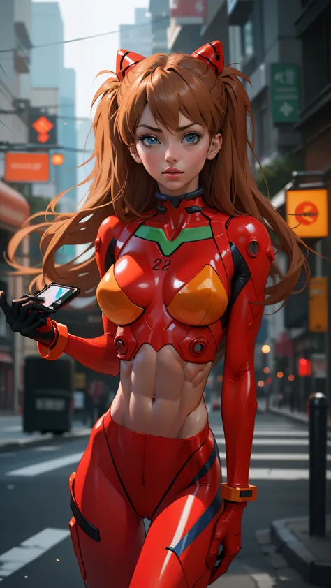 Asuka langley evangelion, a stunning woman, confidently using her phone on a vibrant city street in trendy attire, ((slendered a...
