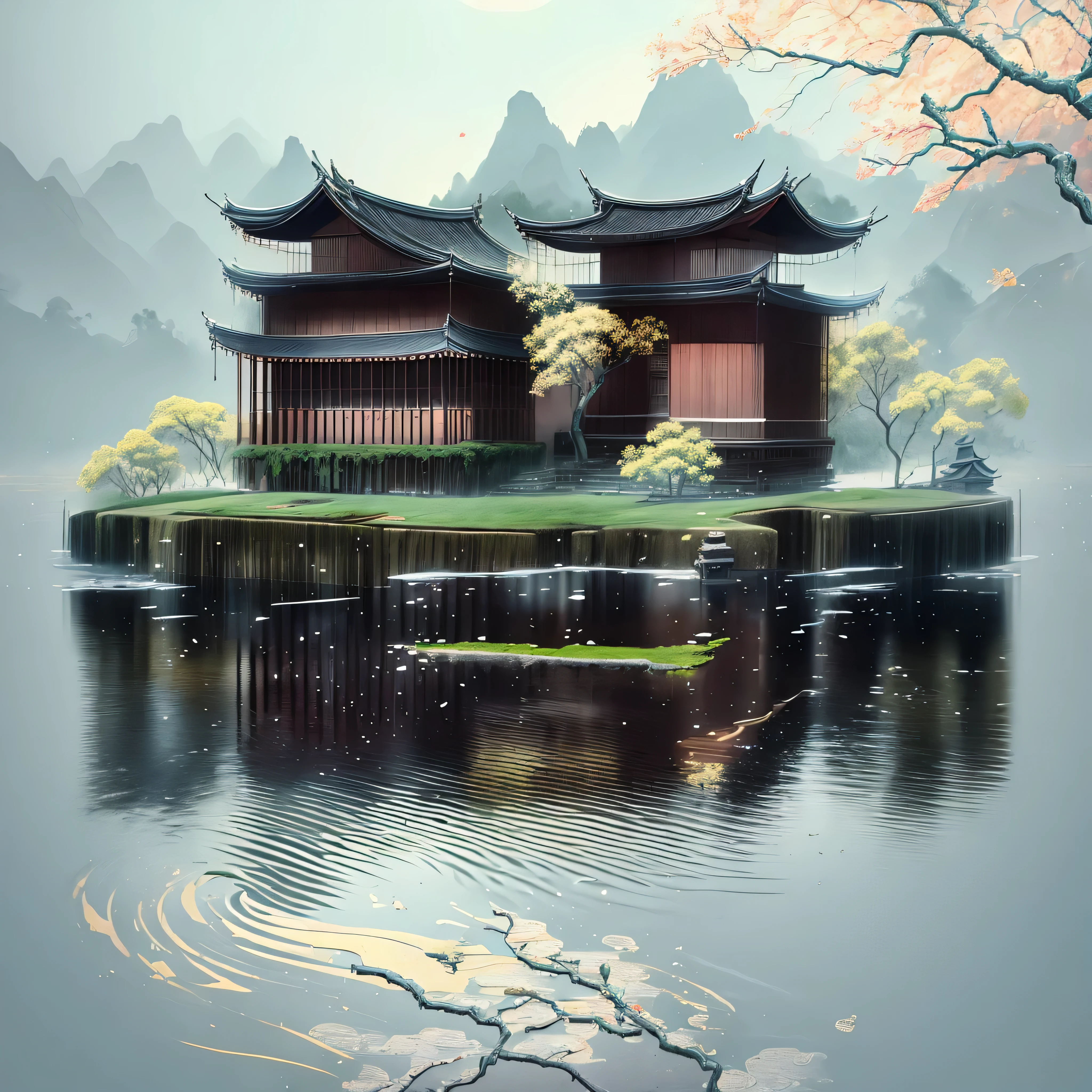 (Depth of field effect) (Ancient Chinese buildings on an isolated island), (tower, building) (pavilion,Miscellaneous trees, cloud, green trees, maple, mangrove, small stone, birdie), Chinese watercolor style, (Chinese painting风格), Chinese landscapes,Chinese traditional watercolor painting,Chinese painting,Watercolor 8K, (reflection), clear boundaries between light and shadow, light and shadow, light and shadow effect, masterpiece,Super details, epic work, ultra high definition, high quality, Very detailed, official art, unified 8k wallpaper, Super details,chiaroscuro.