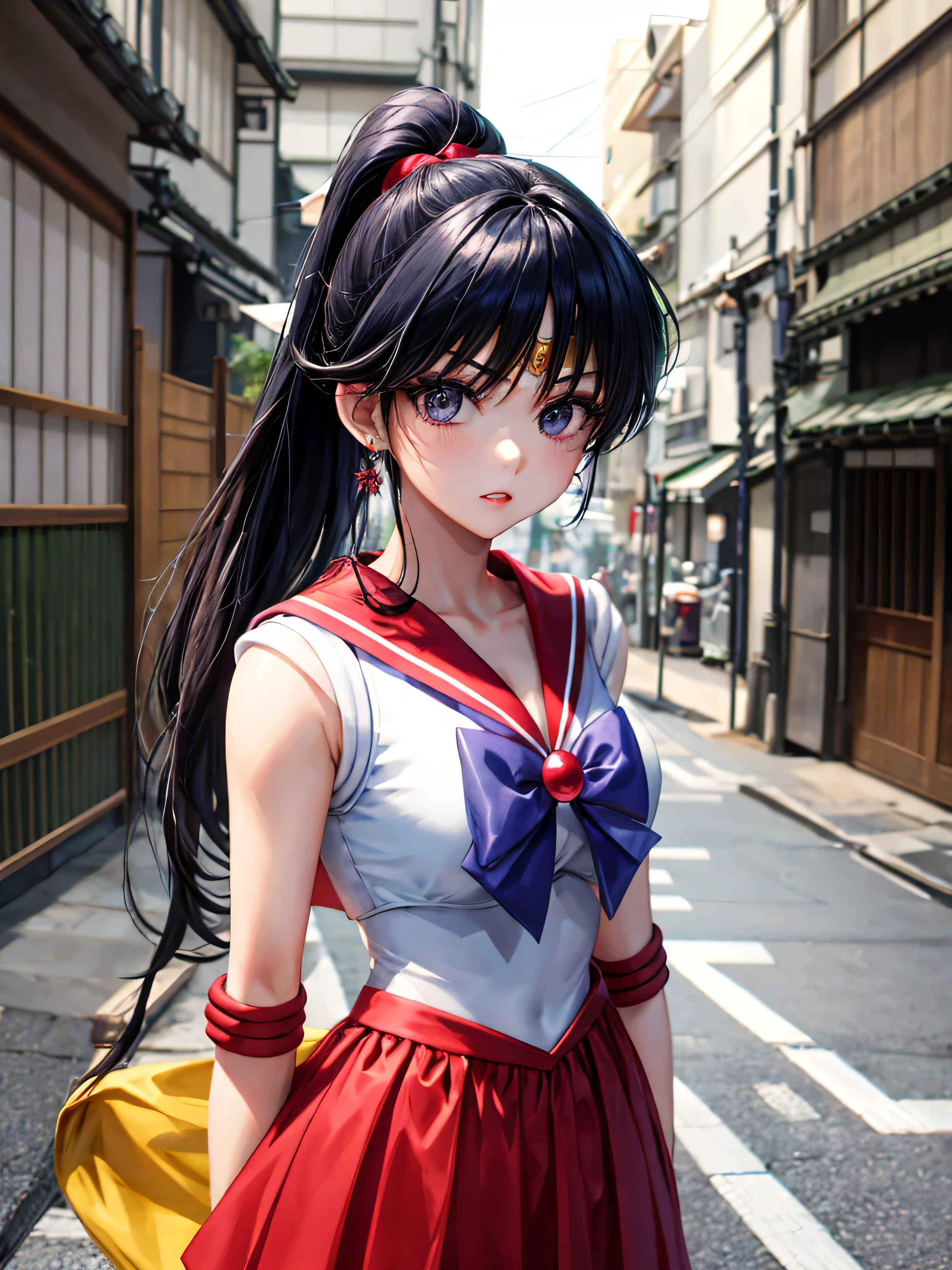 masterpiece, top quality, colorful hair, outdoor,  upper body, dark blue, bodysuit, sleeveless, ponytail, cute, asian, center zipper, blonde, Japan person, sailor mars, standing post, 