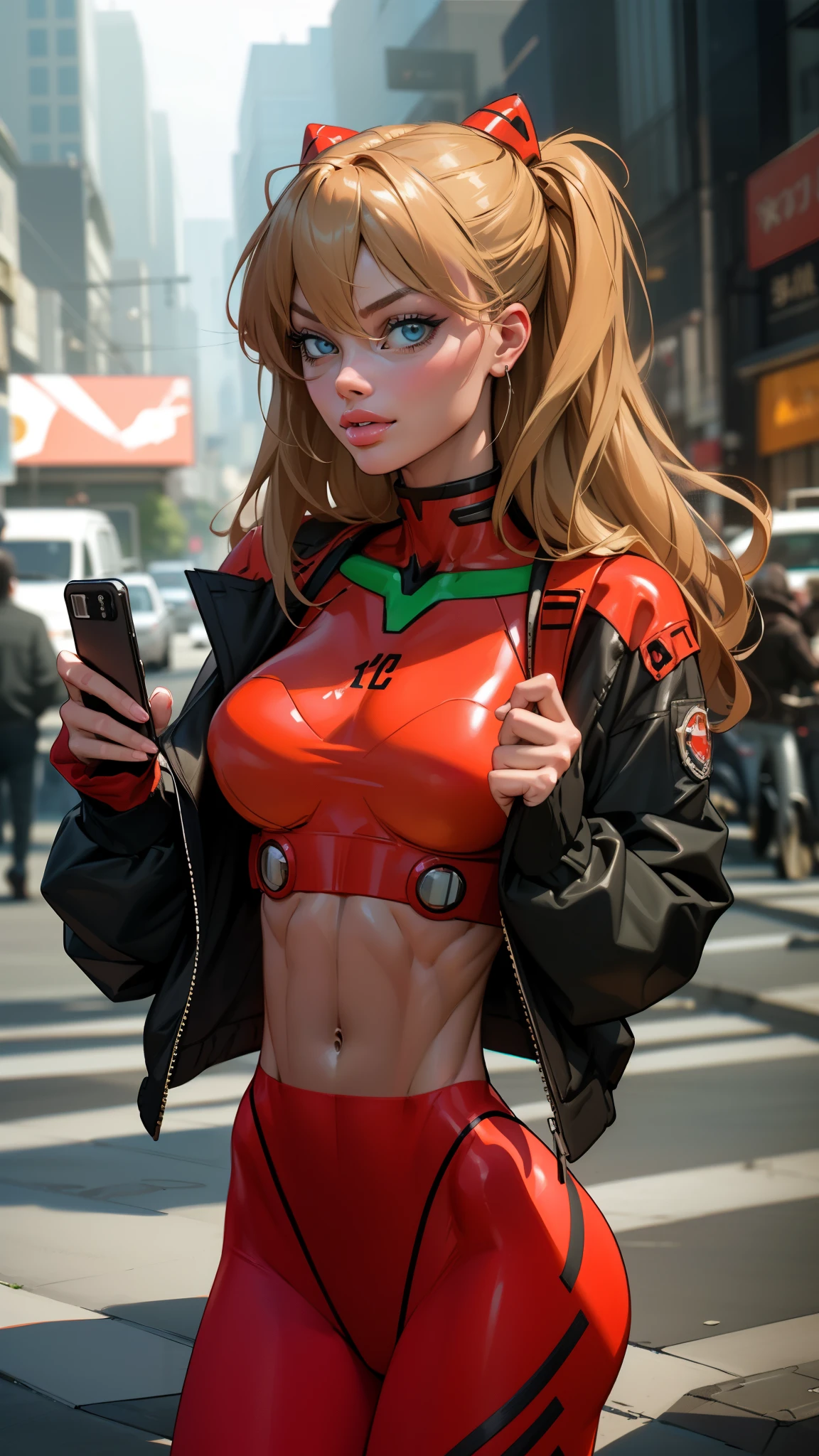 Asuka langley evangelion, a stunning woman, (margot robbie face:1.2), confidently using her phone on a vibrant city street in trendy attire, ((slendered abs:1.4)), ((navel exposed)), ((v cut abs:1.3)), realistic, super detail, ((masterpiece)), (cinematic lighting), ((dark lighting))