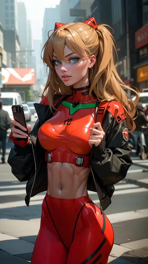 Asuka langley evangelion, a stunning woman, (margot robbie face:1.2), confidently using her phone on a vibrant city street in tr...