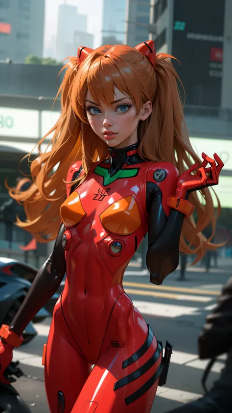 Asuka langley evangelion, a stunning woman, ((low rise bodysuit:1.4)), confidently on a vibrant city street in eva plugsuit, ((s...