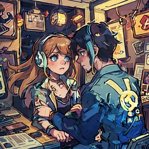 a boy and a girl are listening to music with headphones together in an old vinyl store, a room with a lot of singer poster, 80s ...