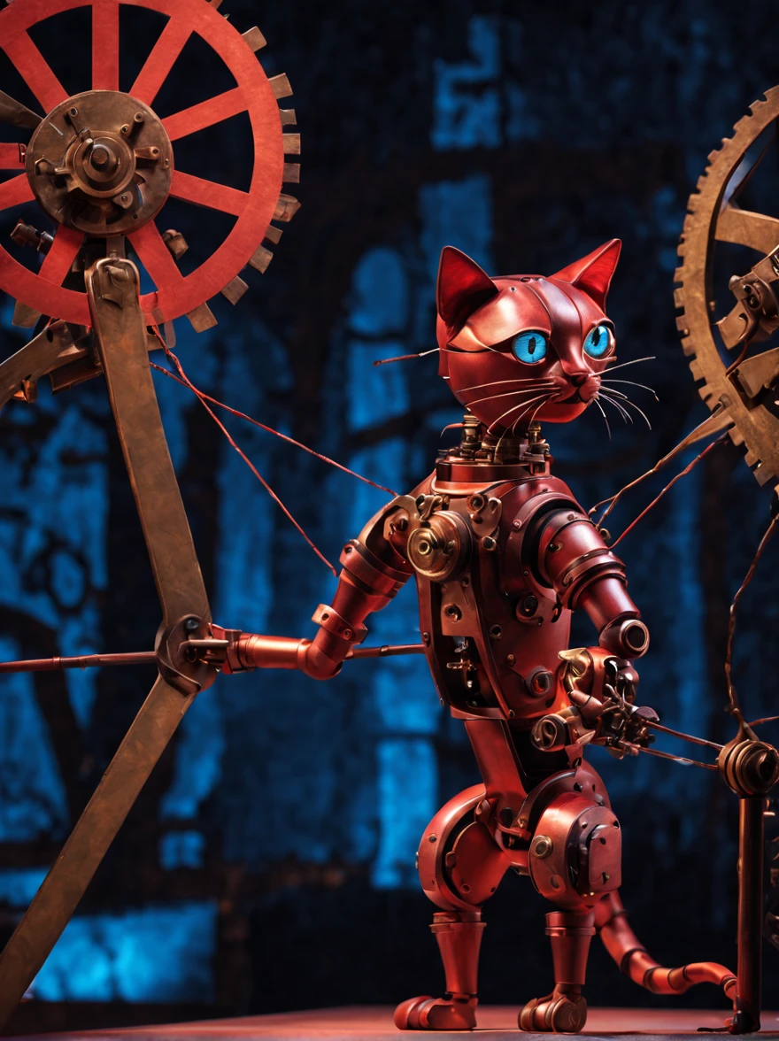 ulta detailed cute mechanical cat puppet, smiling, white background, gear, steam, intricate enginerring, head tilt