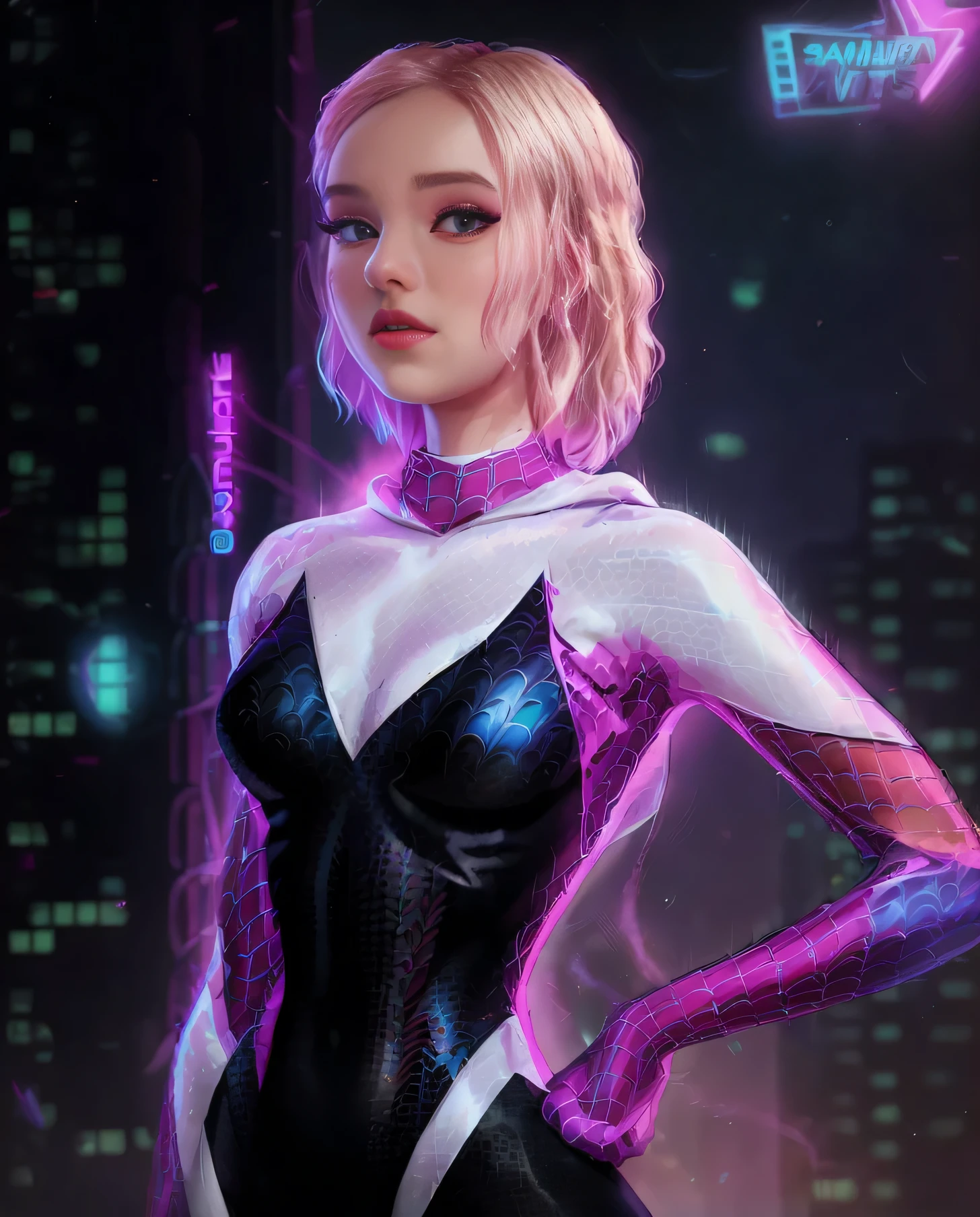 uma mulher com um vestido preto e prateado em frente a uma cidade, Gwen Aranha, Gwen-aranha, aranha - gwen, Gwen Stacy, ( ( mulher aranha ) ), amouranth as a super villain, Admirador de arte, Betty Cooper, Sydney Sweeney, elle fanning as an android, official Admirador de arte, like a retro futuristic heroine, cyber suit, Moira de Overwatch