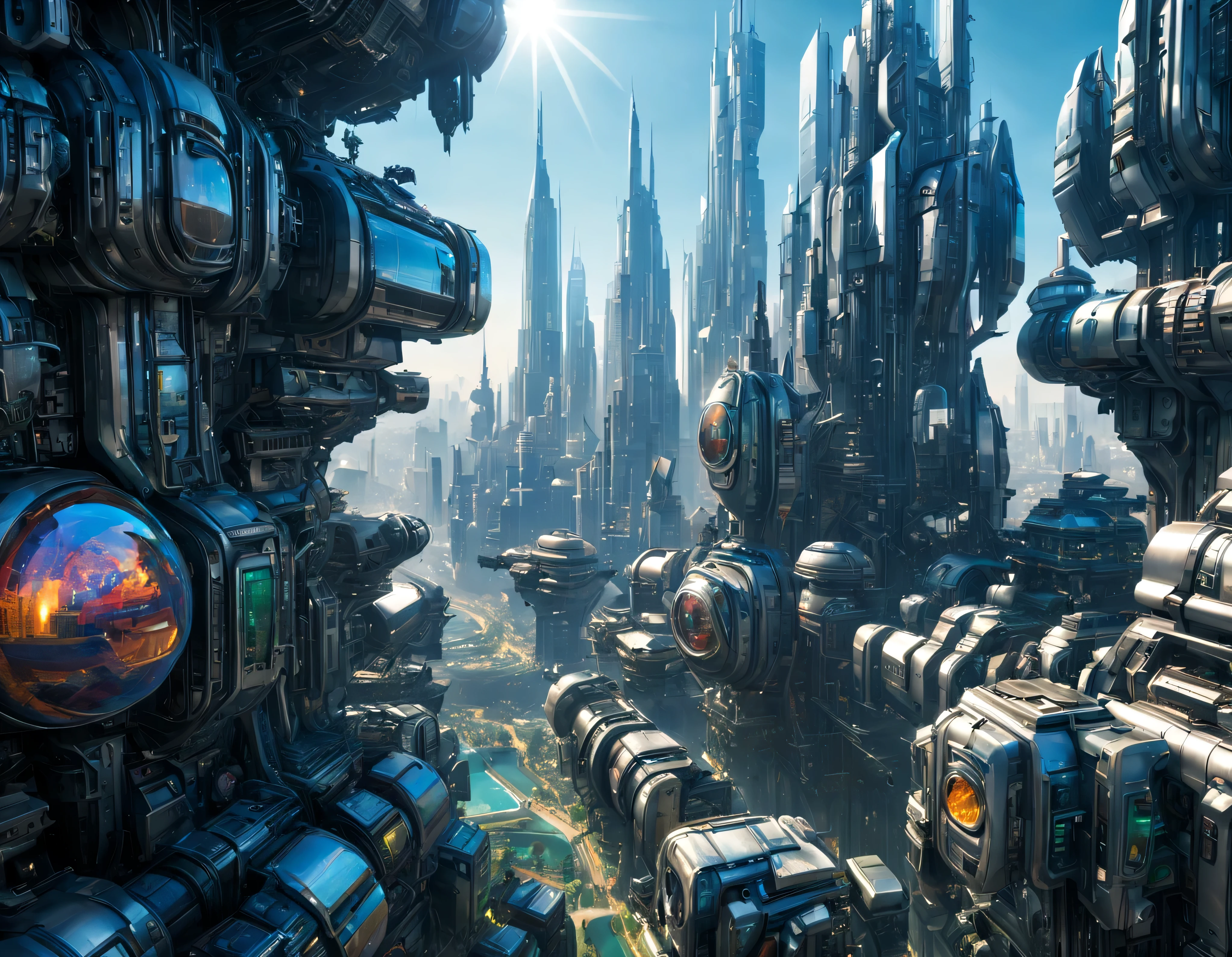 (sunny mid-morning lighting), megacity, megalopolis of an imaginary world of science fiction , parecido a una disneylandia futurista, and maximum fantasy, con inmensos edificios y rascacielos ovalados y dodecaedricos agrupados de metal y cristal donde predomina la plata y los anuncios luminosos de colores. imagen bien definida 8k, (intrincados detalles de la maquina), con muchos edificios juntos.(obra maestra de superior calidad).(imagen fotorrealista), nitidez absoluta hasta el fondo