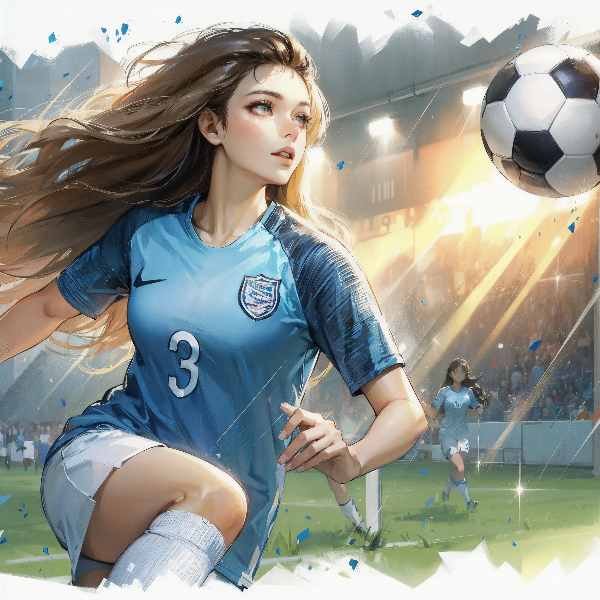 Arafed image of a girl kicking a soccer ball in a stadium - SeaArt AI