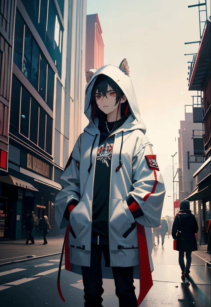 a beautiful boy 、Wearing a hood、I&#39;m walking with my hands in my pockets、wearing a white hoodie、black hair、look up at the distant sky、high resolution、lonely、Kaworu Nagisa、red eyes、alone、solo、I think I&#39;ll lie down as I walk、Big city、The hair in the back reaches down to the shoulders、Holding back tears, I look upwards.、long hair、put on a hood