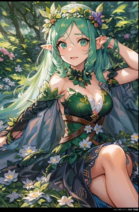 anime girl with green hair and green dress sitting in the woods, elf girl, elf girl wearing an flower suit, elf princess, fey queen of the summer forest, alluring elf princess knight, seductive anime girl, an elf queen, elf queen, detailed digital anime ar...