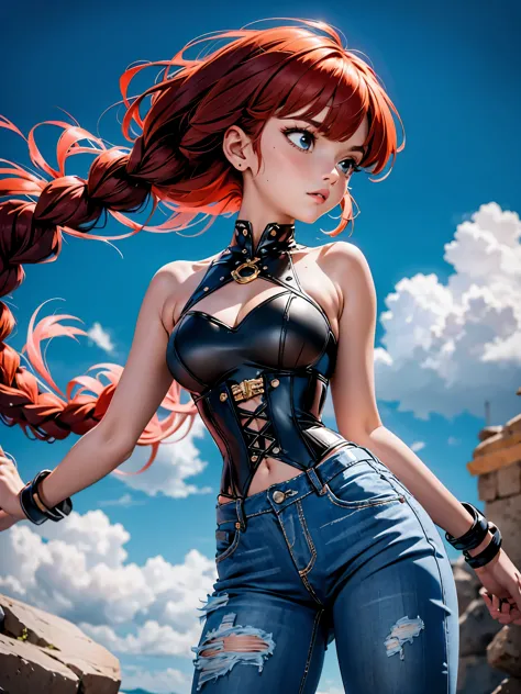 Garota Ruiva de anime em bermuda jeans e corset preto, 15 anos, corpo bonito, seios grandes, tocando guitarra eletrica, estilo h...