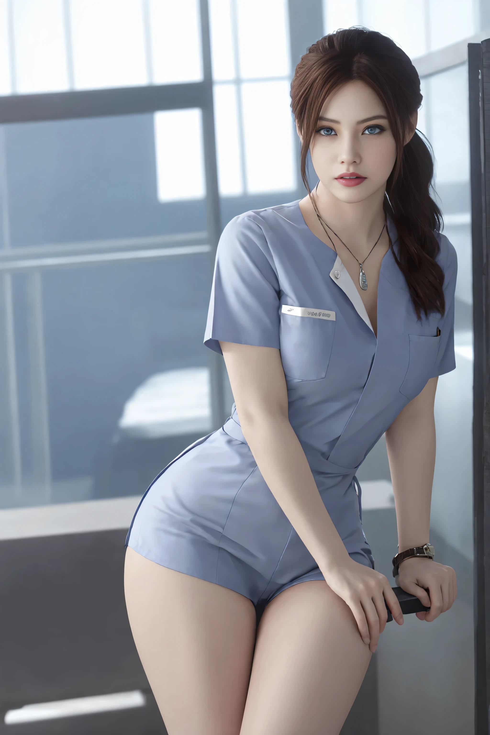 A woman in a blue uniform posing for a picture - SeaArt AI