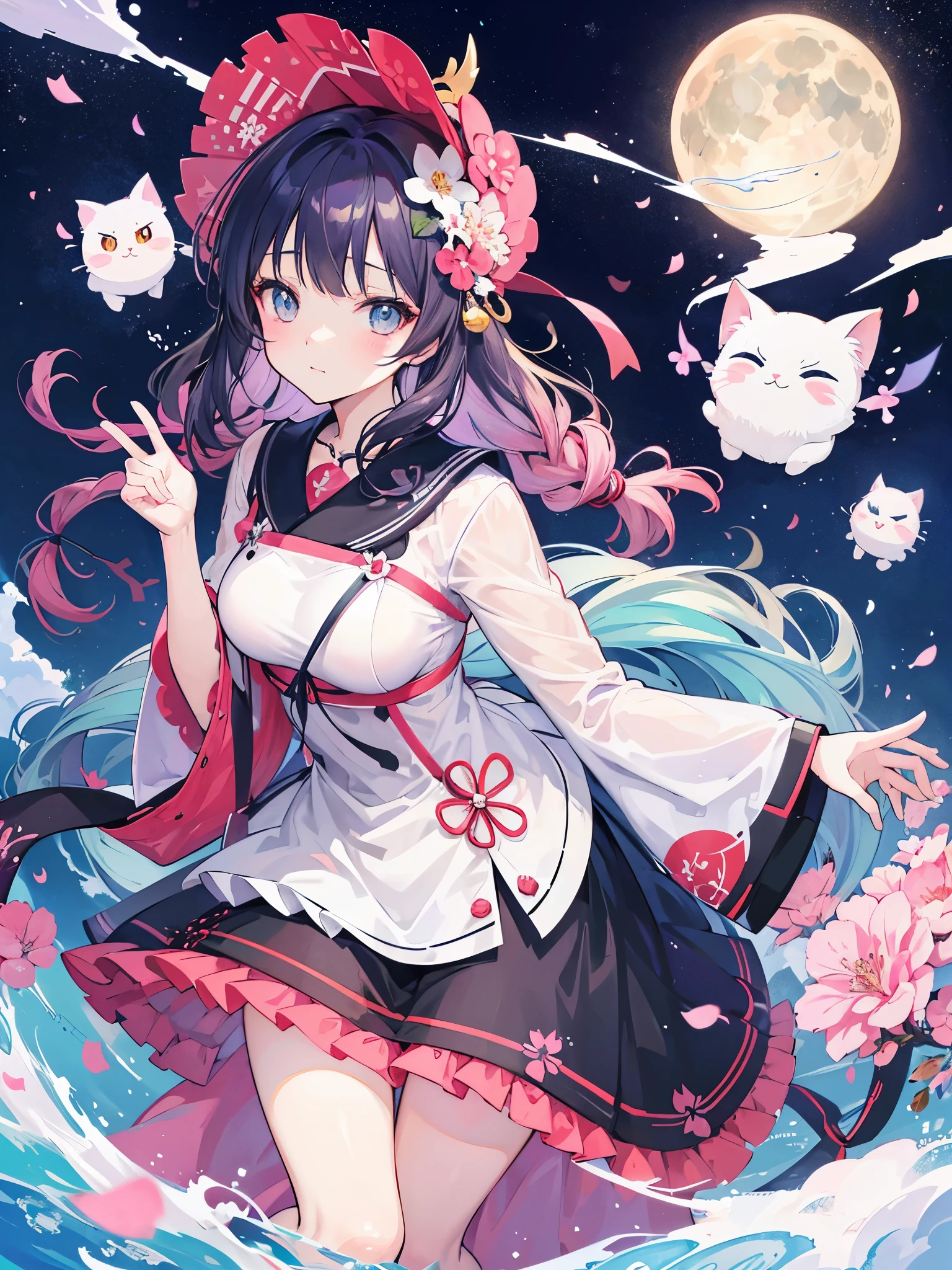 There is a very large moon in the background，unter den Sternen, eine Katze mit rosa Haar sitzt auf einem Ast，junge Erwachsene，girl, rosane Kleidung，ethereal cat，Dreamy，detaillierte Kunst，a beautiful artwork illustration，Fabelwesen，schwarze Katze，Beautiful digital artwork，Kirschblütenbaum, Sky blue pink and purple colored, T-Shirt Design, Langhaariges Anime-girl mit Katze und Katze, cute Anime-Katzegirl, Anime-girl mit Katzenohren, Anime-Katzegirl, Anime-Katze, Very beautiful Anime-Katze girl, beautiful Anime-Katzegirl, very beautiful sweet cat girl, girl mit Katzenohren, Katzenfrau, nekomimi, Anime visual of a cute cat, Süßes Anime-girl, cute anime face, Farben rosa und mint, Haarfarbe light pink, cute clothes, pastellfarben, Katzenschwanz, plüschig, Hokusai Stil, Hokusai Welle