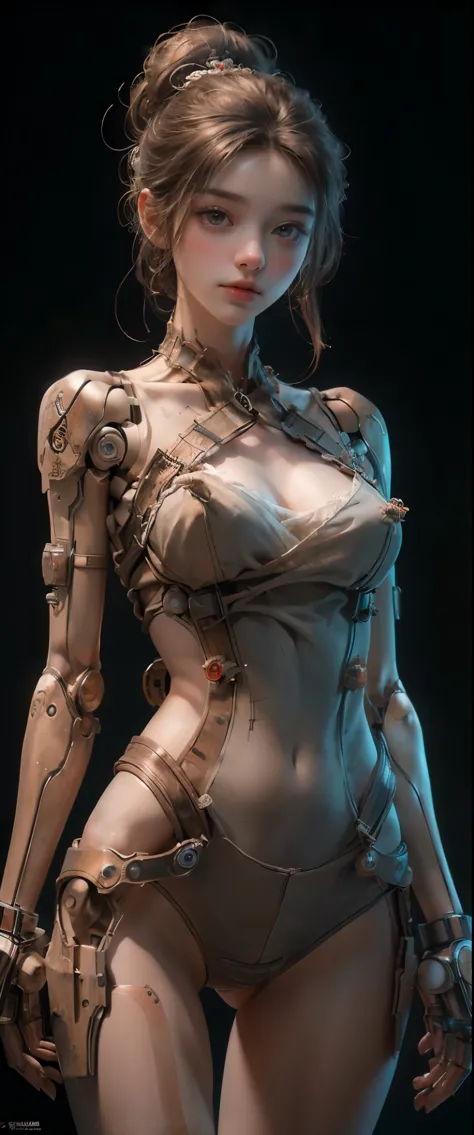 ((masterpiece, highest quality, Highest image quality, High resolution, photorealistic, Raw photo, 8K)), Mechanical Puppet, Her body is made of gears and a wooden framework. White background, A blank laboratory, 