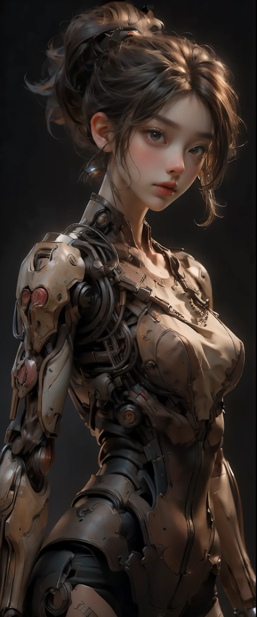 ((masterpiece, highest quality, Highest image quality, High resolution, photorealistic, Raw photo, 8K)), Mechanical Puppet, Her body is made of gears and a wooden framework. White background, A blank laboratory, 