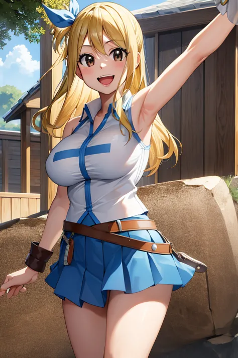 masterpiece, best quality, highres, lucy heartfilia, blonde hair, long hair, large breasts, white shirt, sleeveless, belt, blue ...