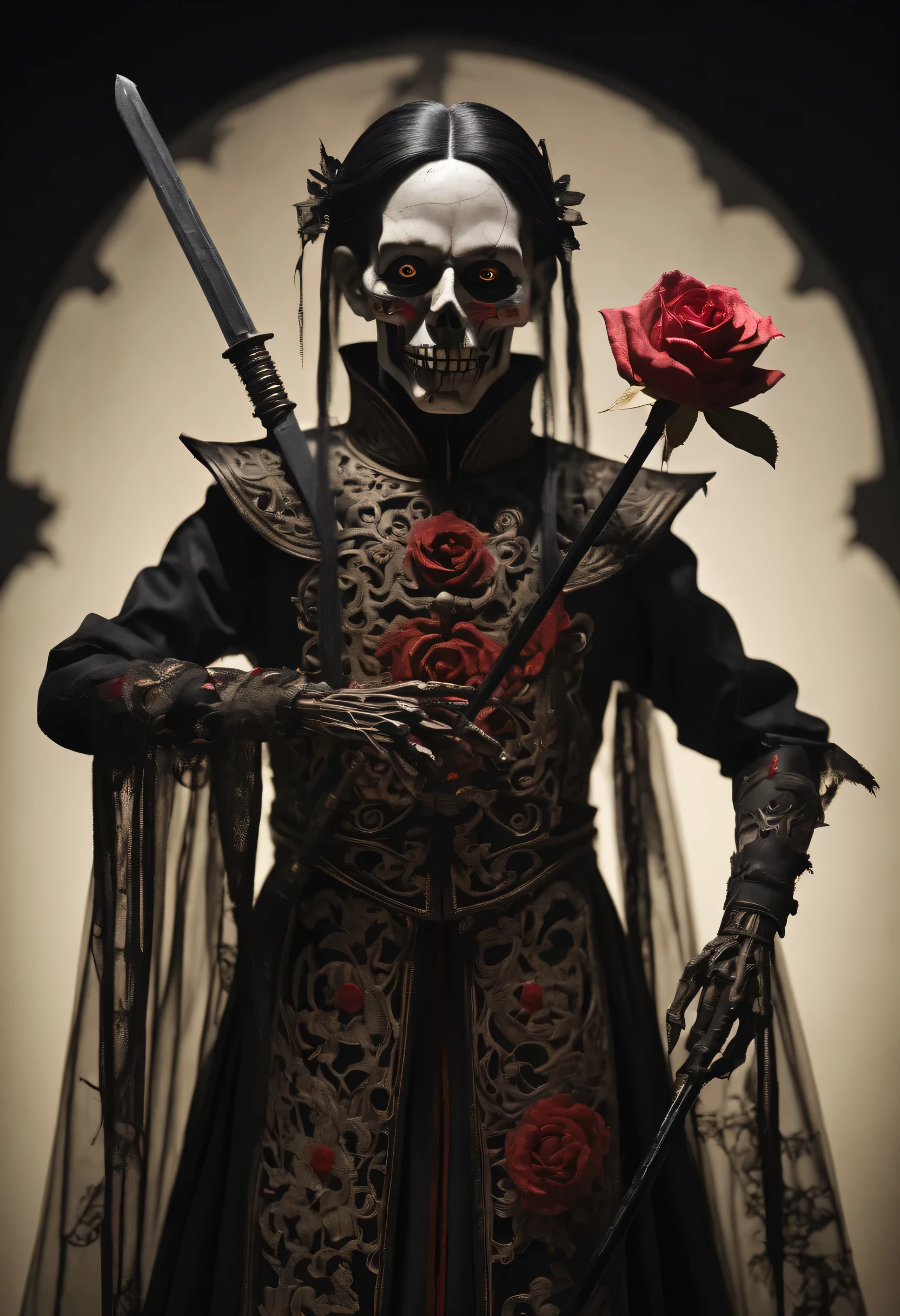 Mechanical puppets，character idea，Chinese shadow puppetry，Gothic transparent face closeup，Hell and Bloody Rose Sword，Chalkboard art style, , Beautiful and meticulous