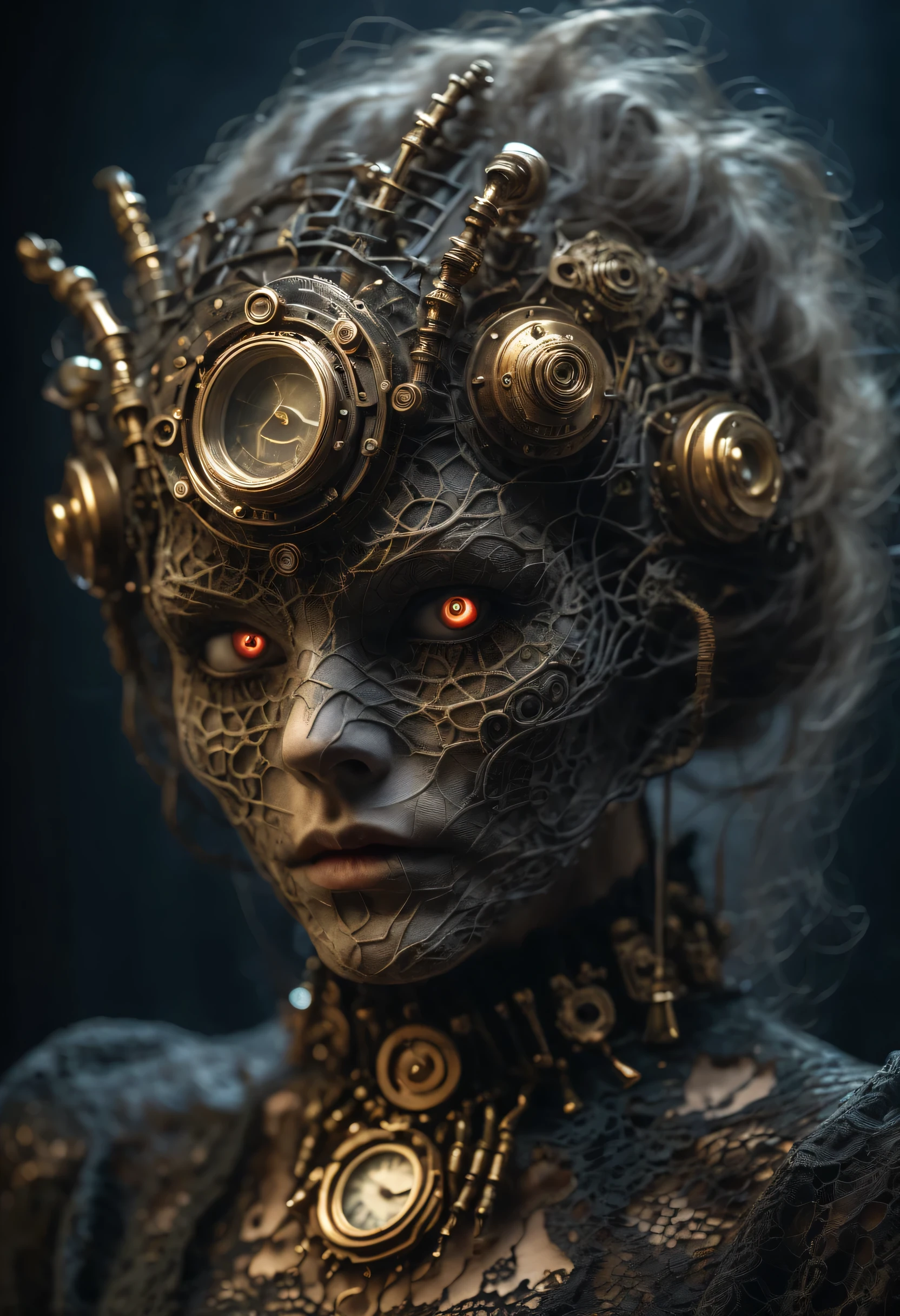 eyes and face, Complex mechanisms, metallic feel, dark and mysterious atmosphere, a haunting reality, dramatic lighting, Aged and weathered appearance, Steampunk elements, Weird and surreal atmosphere, intricate lace pattern, film composition, exquisite craft, Gothic aesthetics, unforgettably beautiful+,[high dynamic range],[fear],[concept artist],[sharp focus],[professional],[bright colors],[Bokeh]