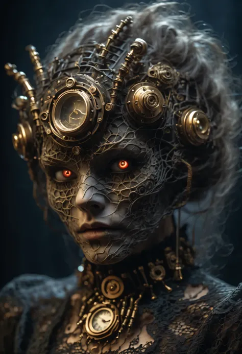 eyes and face, Complex mechanisms, metallic feel, dark and mysterious atmosphere, a haunting reality, dramatic lighting, Aged an...