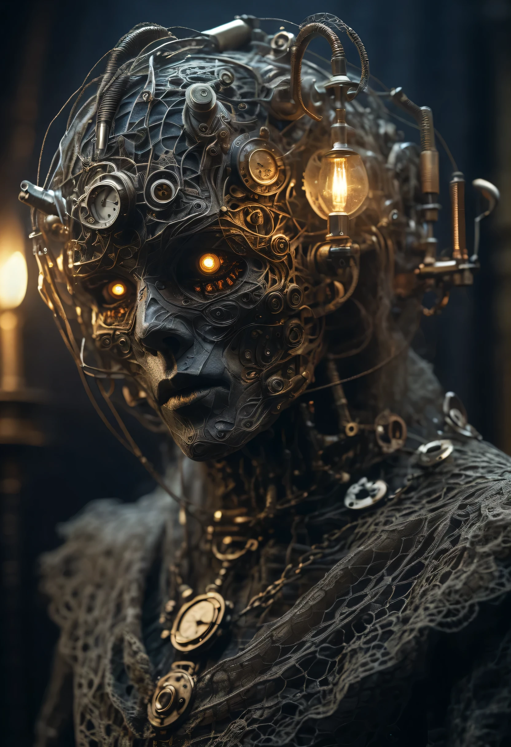 Mechanical puppets，whole body，eyes and face, Complex mechanisms, metallic feel, dark and mysterious atmosphere, a haunting reality, dramatic lighting, Aged and weathered appearance, Steampunk elements, Weird and surreal atmosphere, intricate lace pattern, film composition, exquisite craft, Gothic aesthetics, unforgettably beautiful+,[high dynamic range],[fear],[concept artist],[sharp focus],[professional],[bright colors],[Bokeh]