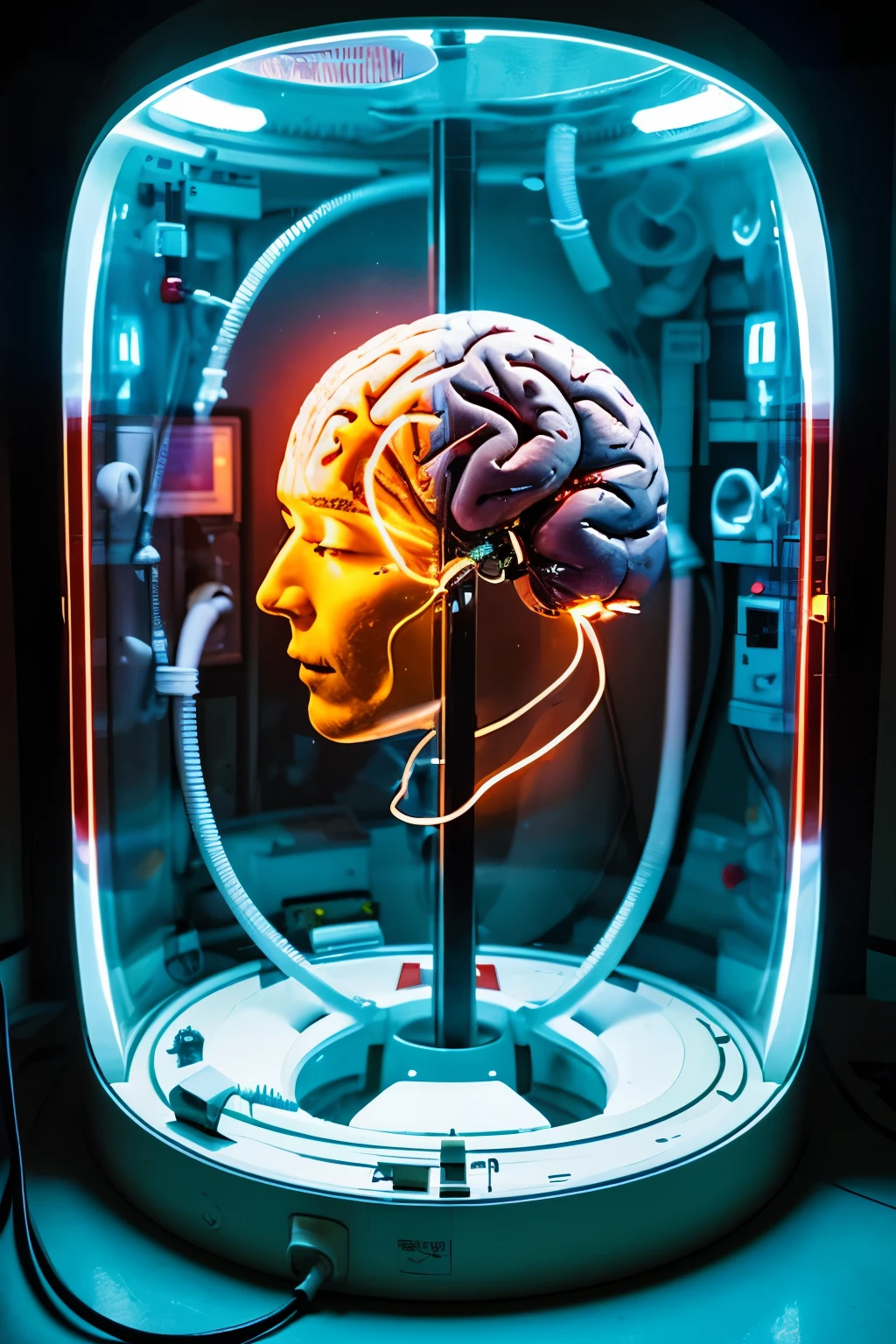 A culture pod containing a human brain is placed in the center of the laboratory.、A human face is pasted in front of a culture pod.、grotesque、Nutrient tubes and electrical cords extend from the culture pods to the floor.。Inside a dimly lit laboratory、The pod is illuminated