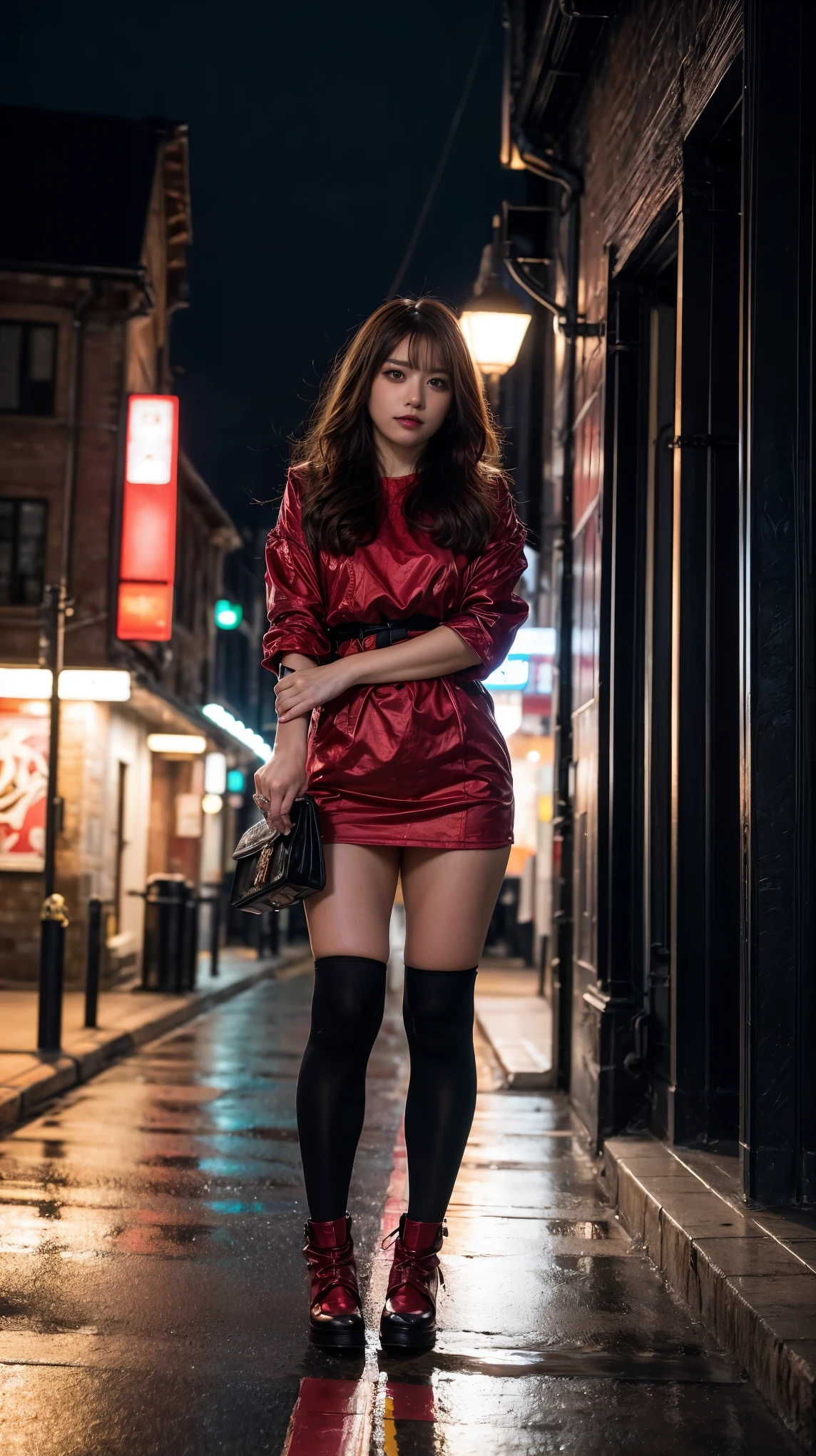 ulzzang-6500-v1.1, (原始照片:1.2), (照片真實感), (真的:1.4), 1 日本 女孩, 戰爭框架, 复杂的图案, 重金屬, 能量線, 不露面的, 閃亮的眼睛, 優雅的, 激烈的, 血紅色和黑色制服, 獨自的, 現代的, 城市, 街道, 烏雲, 雷雨, 傾盆大雨,, 戲劇性的燈光,, (傑作:1.2), 最好的品質, 高解析度,   美麗的, 非常詳細, 完美照明, (全身照:1.15), 