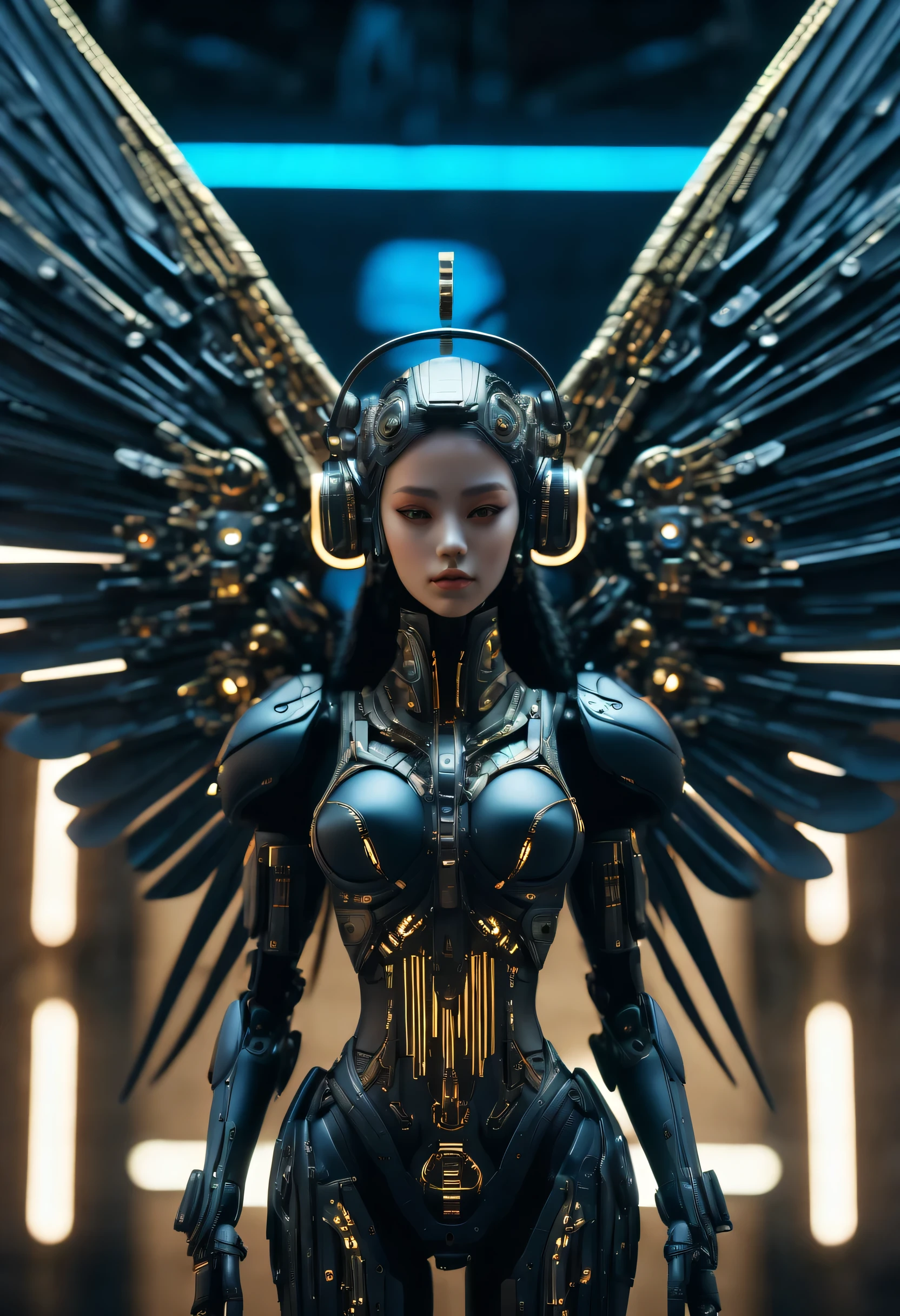 A scene straight out of a cyberpunk dream, A meticulously crafted contraption doll with a matte paint finish stands front and center, doll resembling an angel, Adorned with a futuristic monitor and delicately detailed glass wings that catch the light。, Stunning 3D rendering of matte and intricately detailed puppet designs,  All metal joints and glowing screens are、A visual masterpiece with clever contrast.。, futuristic and fantastic, A masterpiece of intricate mechanical engineering, Clever shadow contrast to highlight great details, Ultra-fine brushwork brings out intricate details, (((Deep matte dark color coating:1.3))), exquisite paintings, (((Amazing mechanical precision and artistry:1.2))), Every tiny detail is rendered in perfect, beautiful quality..