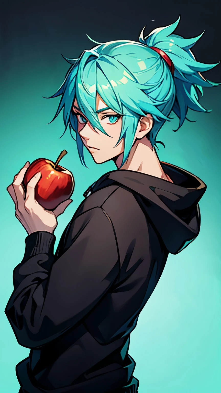 Make a male anime character with cyan hair and cyan eyes wearing a black hoodie sweater and facing backwards and uses a Minecraft background and holding an apple with one hand