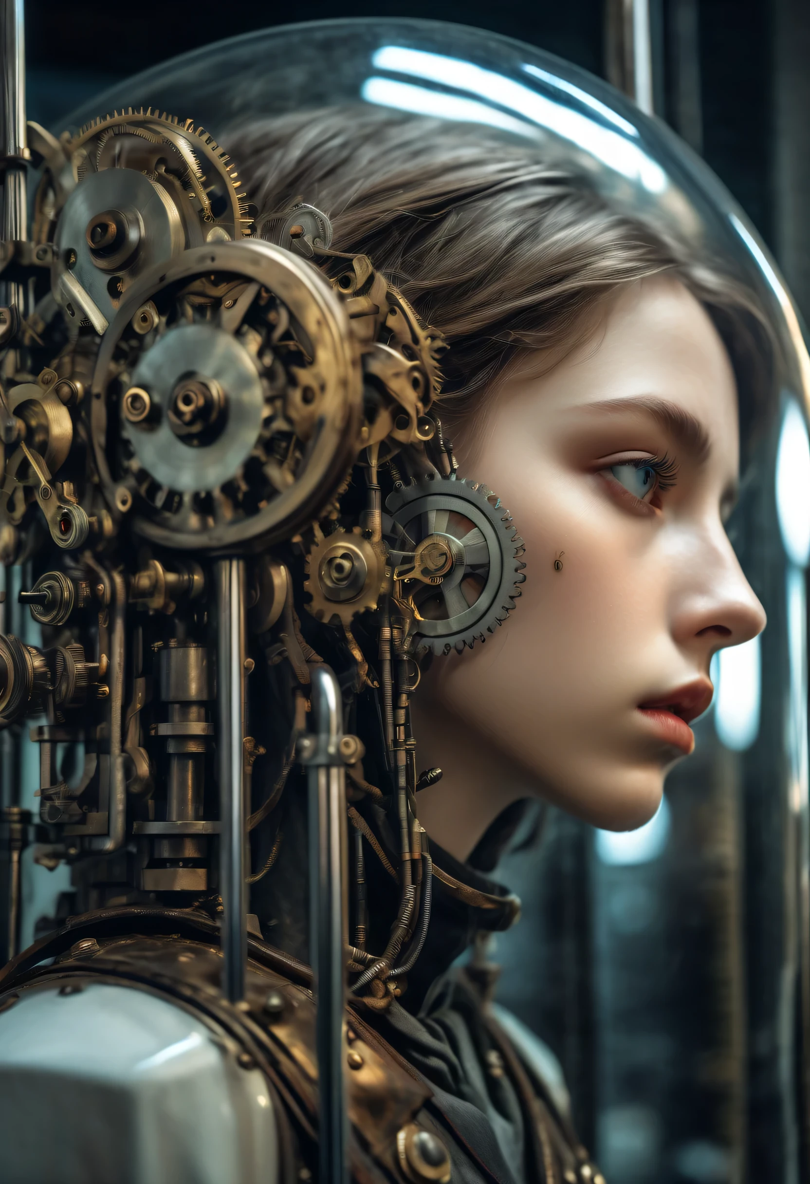 Clockpunk dark fantasy brush strokes, like a sad european young girl, Karakuri doll, A perfect porcelain machine stares solemnly, reflected in the mirror, Photorealistic rendering of impressive images, Skillfully drawn to evoke strong emotions, eyes express feelings of shame and regret, Incredibly clear and detailed, Instantly grab your audience&#39;s attention, Image quality is exceptional, Every feature is meticulously depicted., Make the scene feel almost concrete.