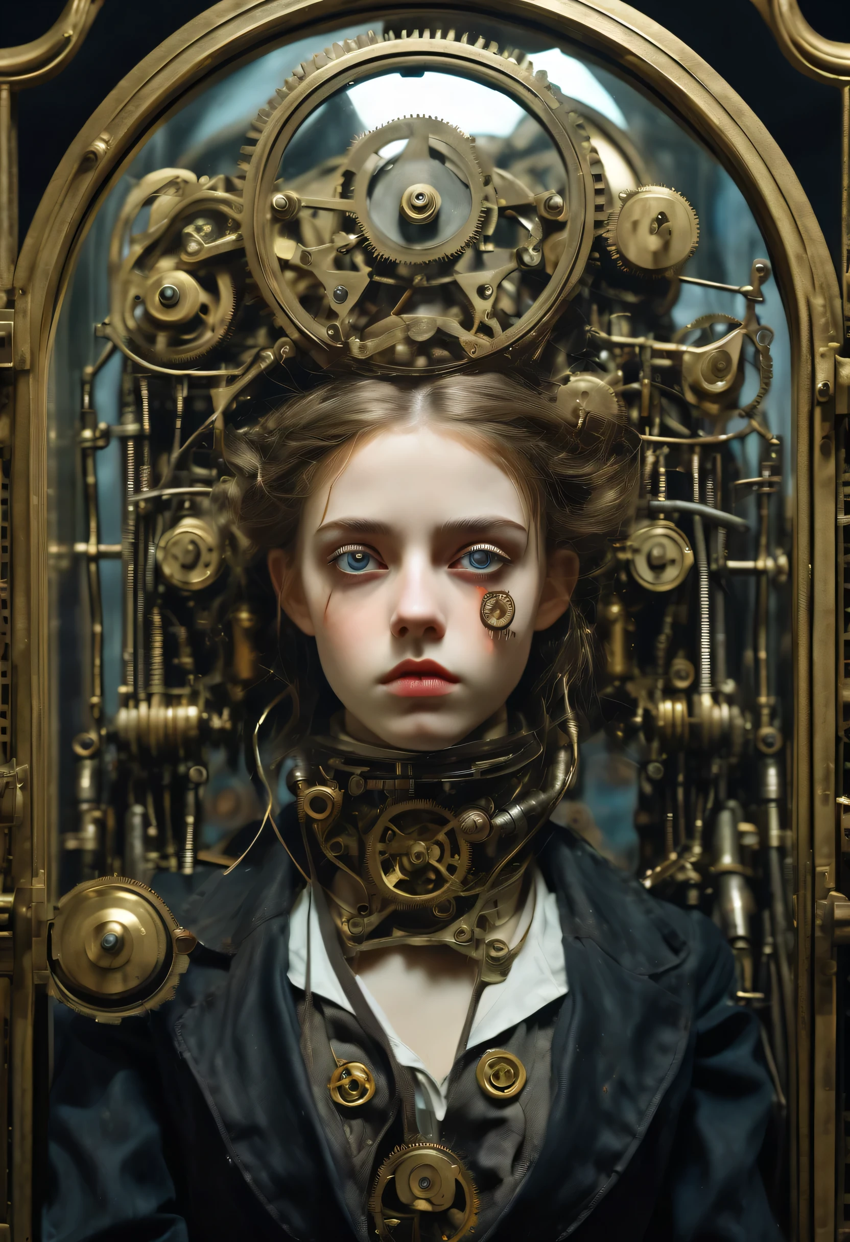 Clockpunk dark fantasy brush strokes, like a sad european young girl, Karakuri doll, A perfect porcelain machine stares solemnly, reflected in the mirror, Photorealistic rendering of impressive images, Skillfully drawn to evoke strong emotions, eyes express feelings of shame and regret, Incredibly clear and detailed, Instantly grab your audience&#39;s attention, Image quality is exceptional, Every feature is meticulously depicted., Make the scene feel almost concrete.