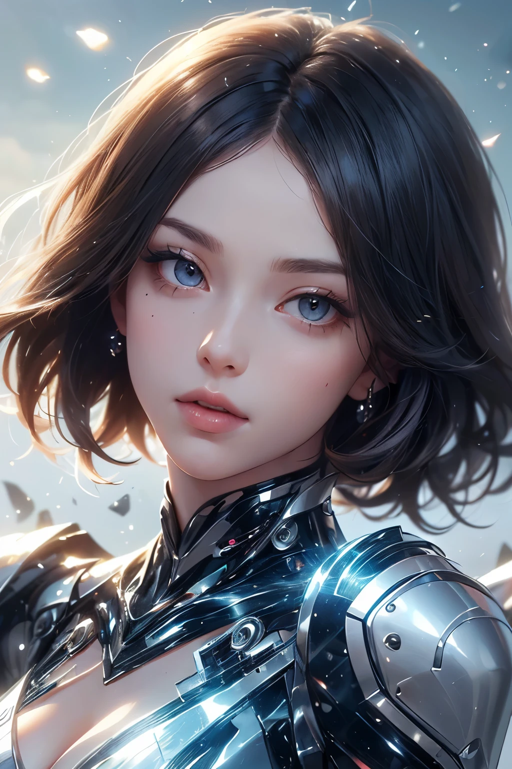 (((masuterpiece))), (((Best Quality))), ((Ultra-detailed)), (extremely detailed photo), ((extremely delicate and beautiful)),(Cute delicate face),an amazing fantasy picture of a female robot in silver and blue cyber armor head turn, face detail, 1girl, solo,looking at viewer, lips,medium breasts, short hair, (gray eyes and black hair)