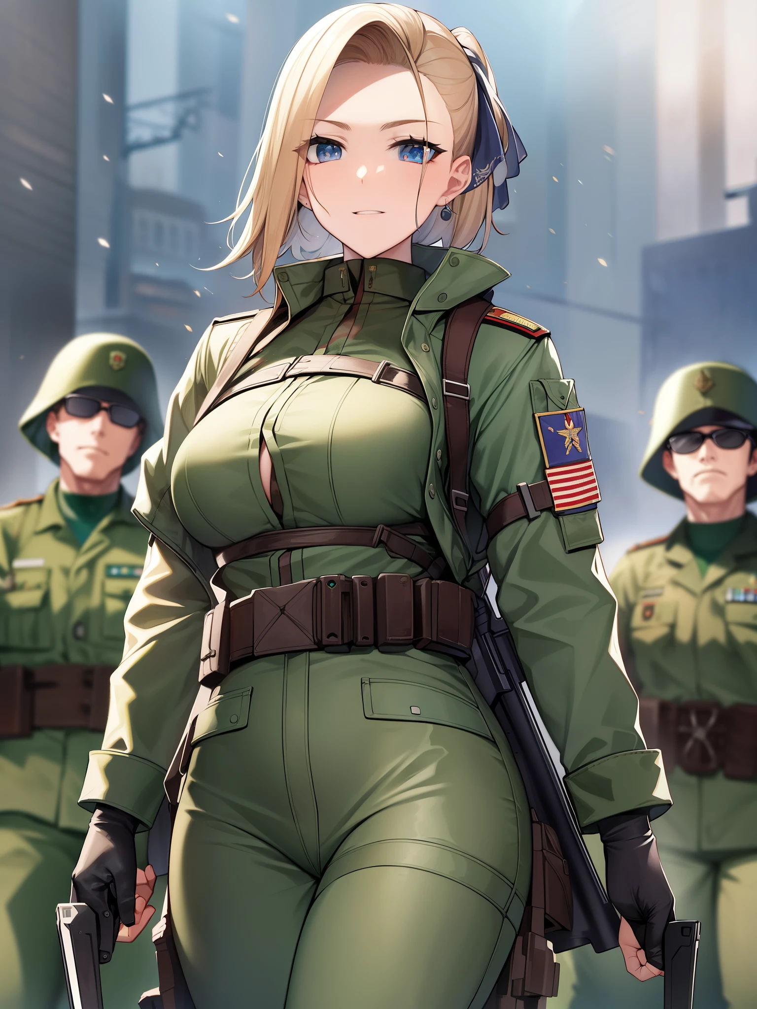 A woman in a uniform with guns and other people in uniform - SeaArt AI