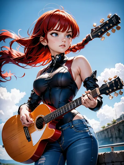 Garota Ruiva de anime guitarrista, guitarist girl em bermuda jeans e corset preto e guitarra preta, 15 anos, corpo bonito, seios...