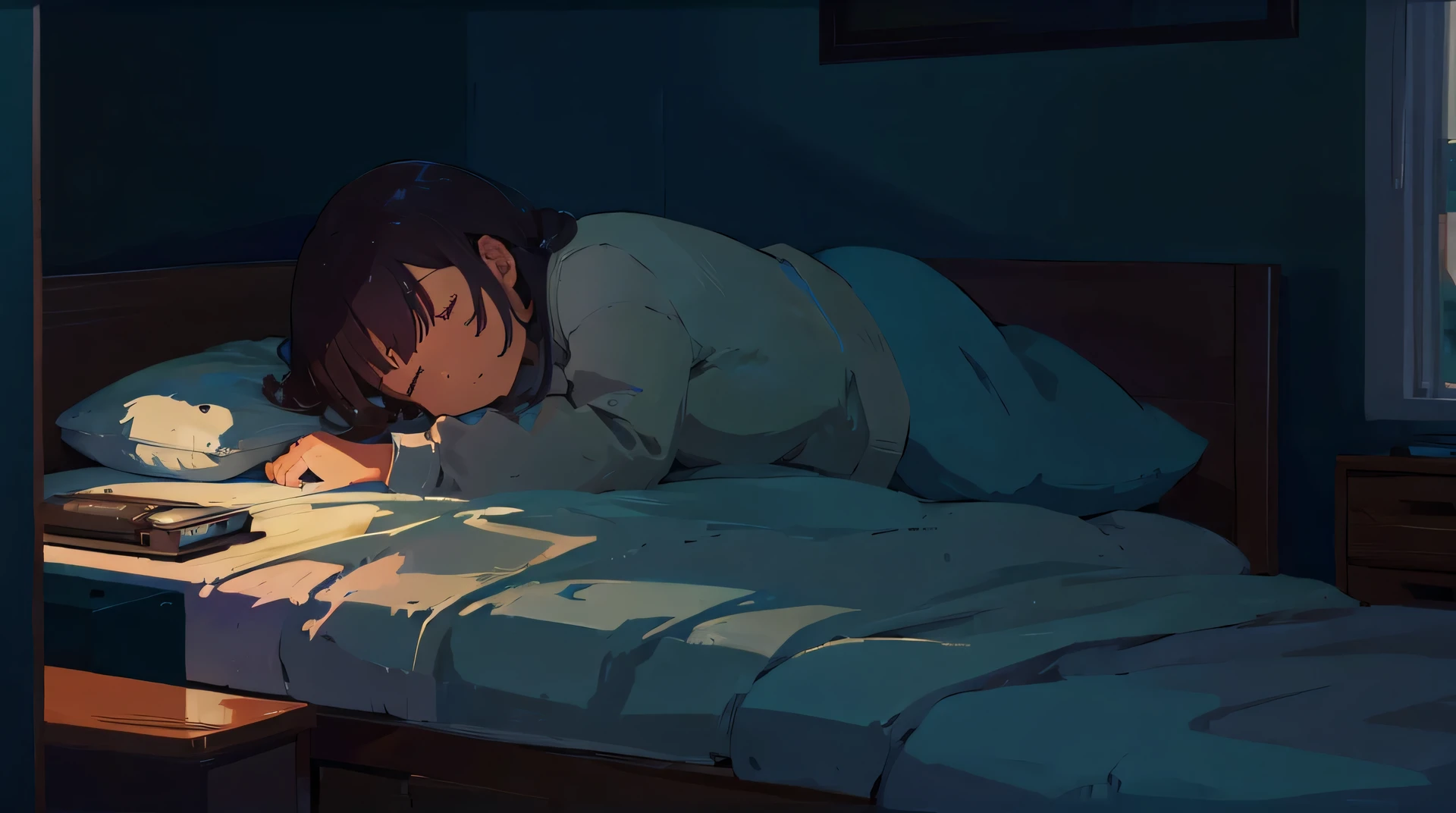 Anime scene of a woman laying in bed with a book - SeaArt AI