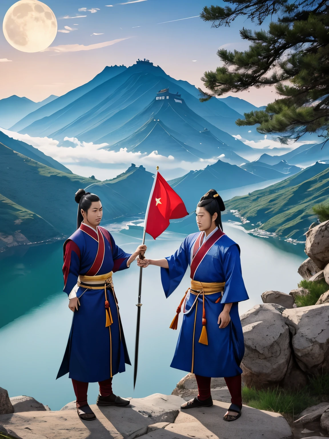 Moonlight night，Moon stars are rare，Mountain rocks stand tall，Li Bai，Right hand holding sword，Standing on the stone steps of Jianmenguan，Left Hand Finger Moon，On the right, the Guanlou flag is flying.，rapids，Wu Quefei，