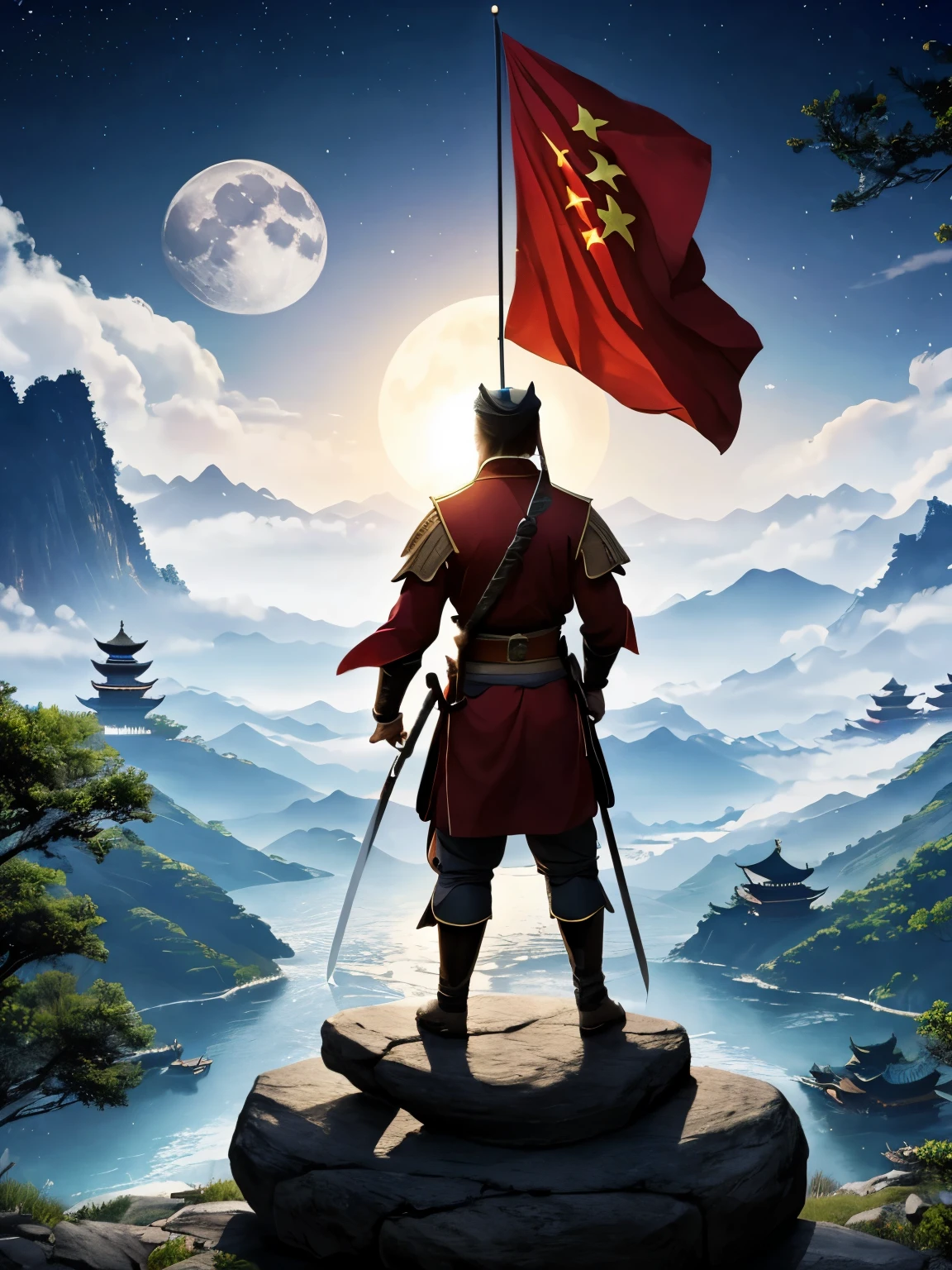 Moonlight night，Moon stars are rare，Mountain rocks stand tall，Li Bai，Right hand holding sword，Standing on the stone steps of Jianmenguan，Left Hand Finger Moon，On the right, the Guanlou flag is flying.，rapids，Wu Quefei，