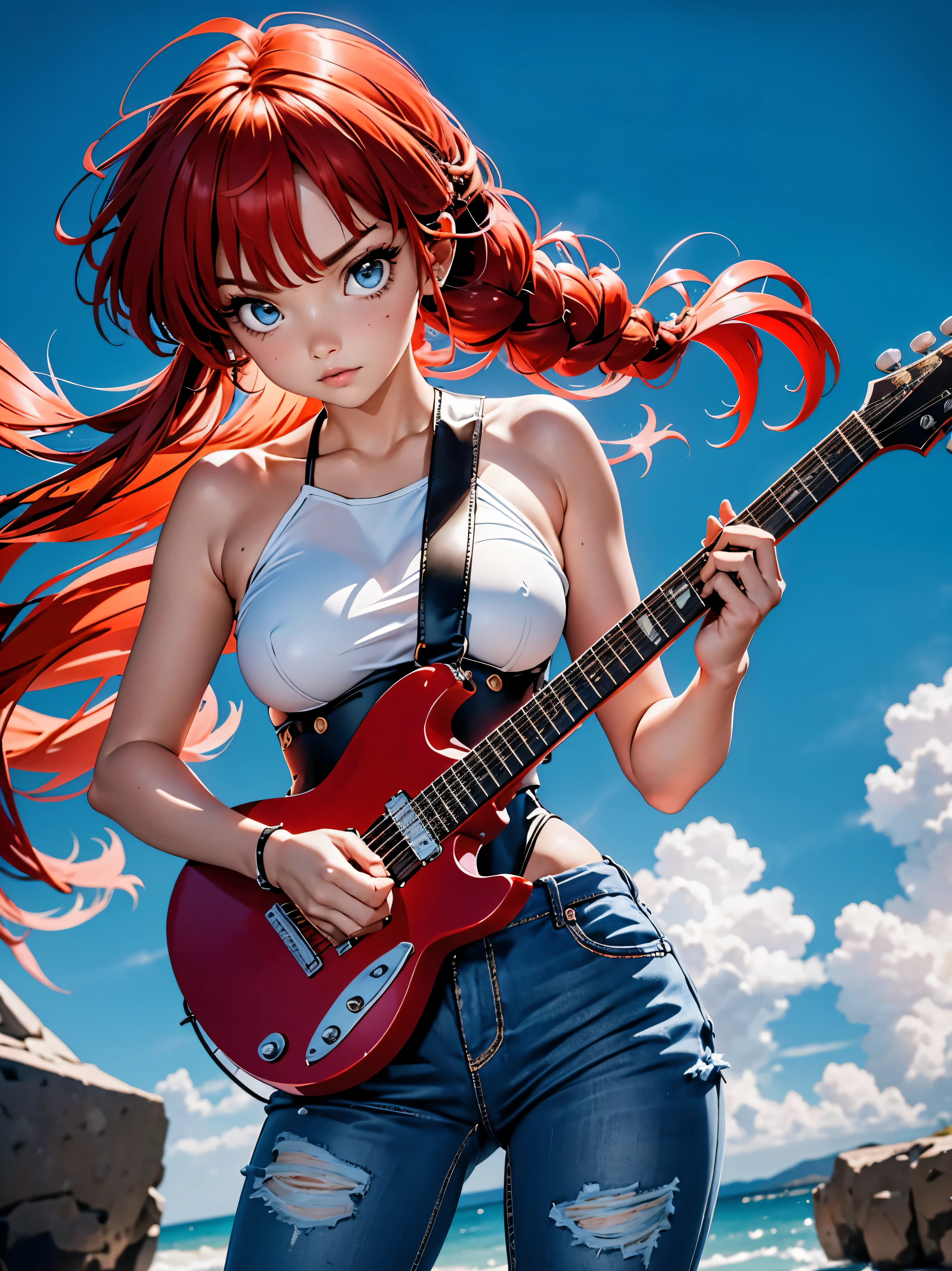 Redhead guitarist anime girl, guitarist girl em bermuda jeans e corset preto e black guitar, 15year old, Body cute, seios big fit asss, playing on guitar eletrica, heavy metal style, Iron Maiden band theme, sexy girl, red hair with braid, beautiful lighting, softshadows, blue colored eyes, pretty legs, hair with braid, anime styling, ranma chan, Autora Rumiko Takahashi, Based on a work by Rumiko Takahashi, Anime Ranma 1/ 2, decote sexy, robust hip, fully body, fully body, busto big fit ass, young girl with beautiful and beautiful body, sandals on his feet, garota 15year old jovem baixa estatura, wearing denim shorts and corset, anime girl, anime styling, beautiful feet in sandals, 45° viewing angle, plein-air, red hair braid, big fit ass , peito big fit ass, hair braid, guitarist girl, Heavy metal music, braided hair blown by strong wind, guitar in hands, playing on guitar, strong wind, black guitar