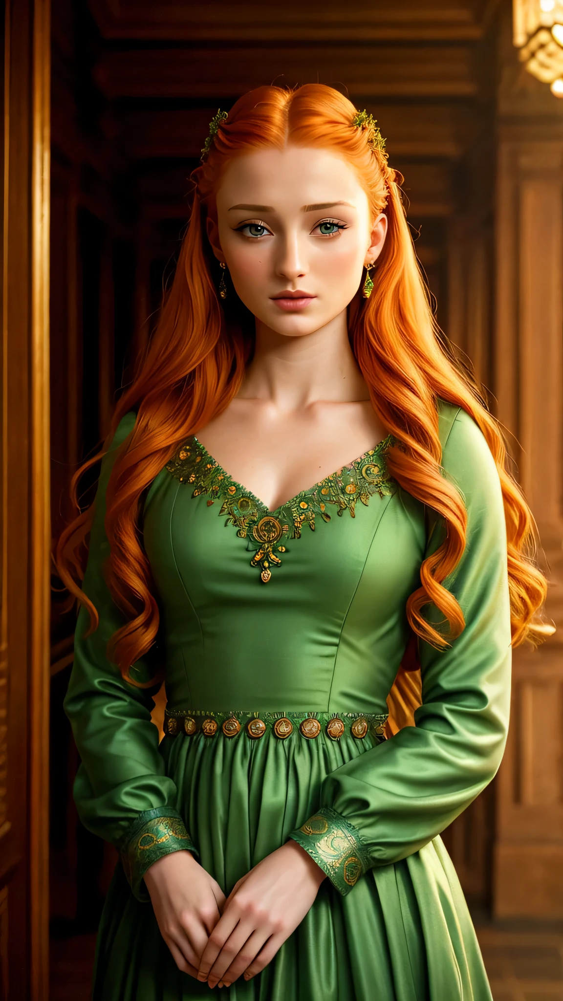 sks woman as Sansa Stark, ginger locks, green dress, standing in the hall, 1woman, solo, beautiful detailed glow, detailed, cinematic light, intricate detail, realistic, highres, detailed facial features, high detail, sharp focus, smooth, aesthetic, extremely detailed, stamp, octane render